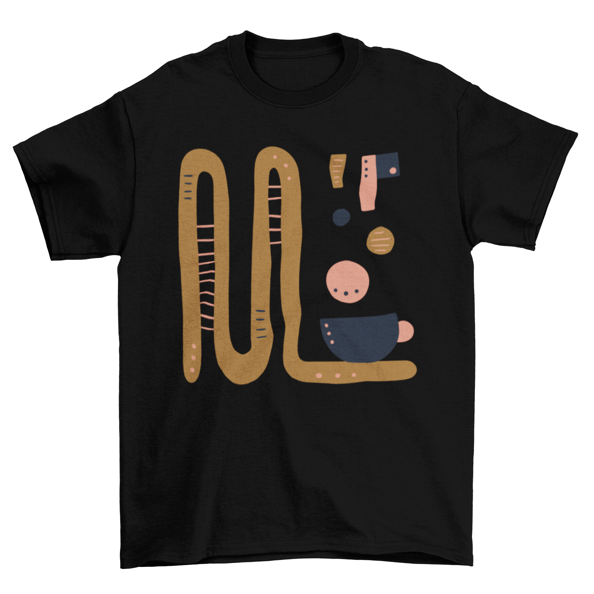 Abstract coffee drink t-shirt featuring splashed coffee and a coffee cup illustration.