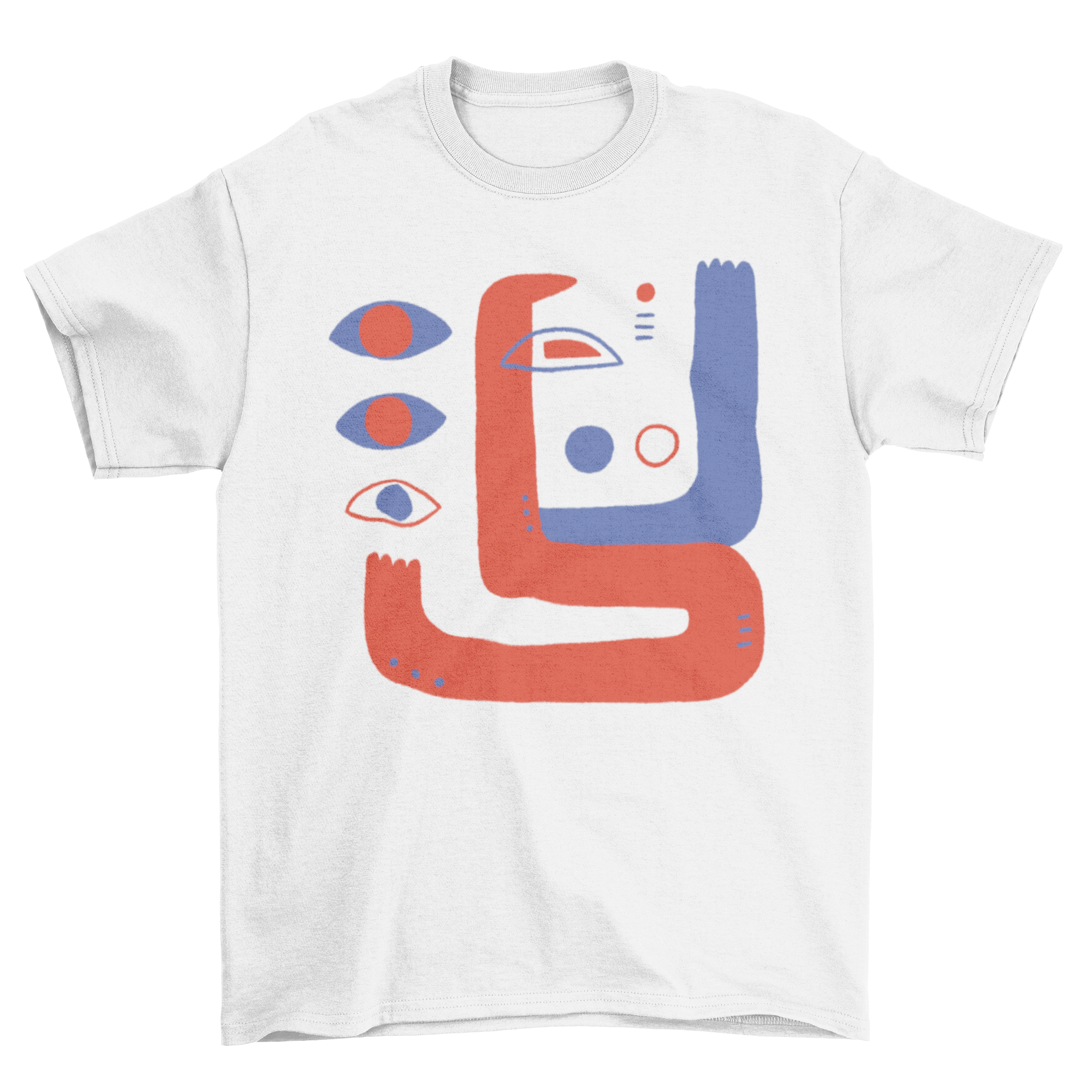 Abstract eyes t-shirt design featuring vibrant red and blue colors with abstract shapes.