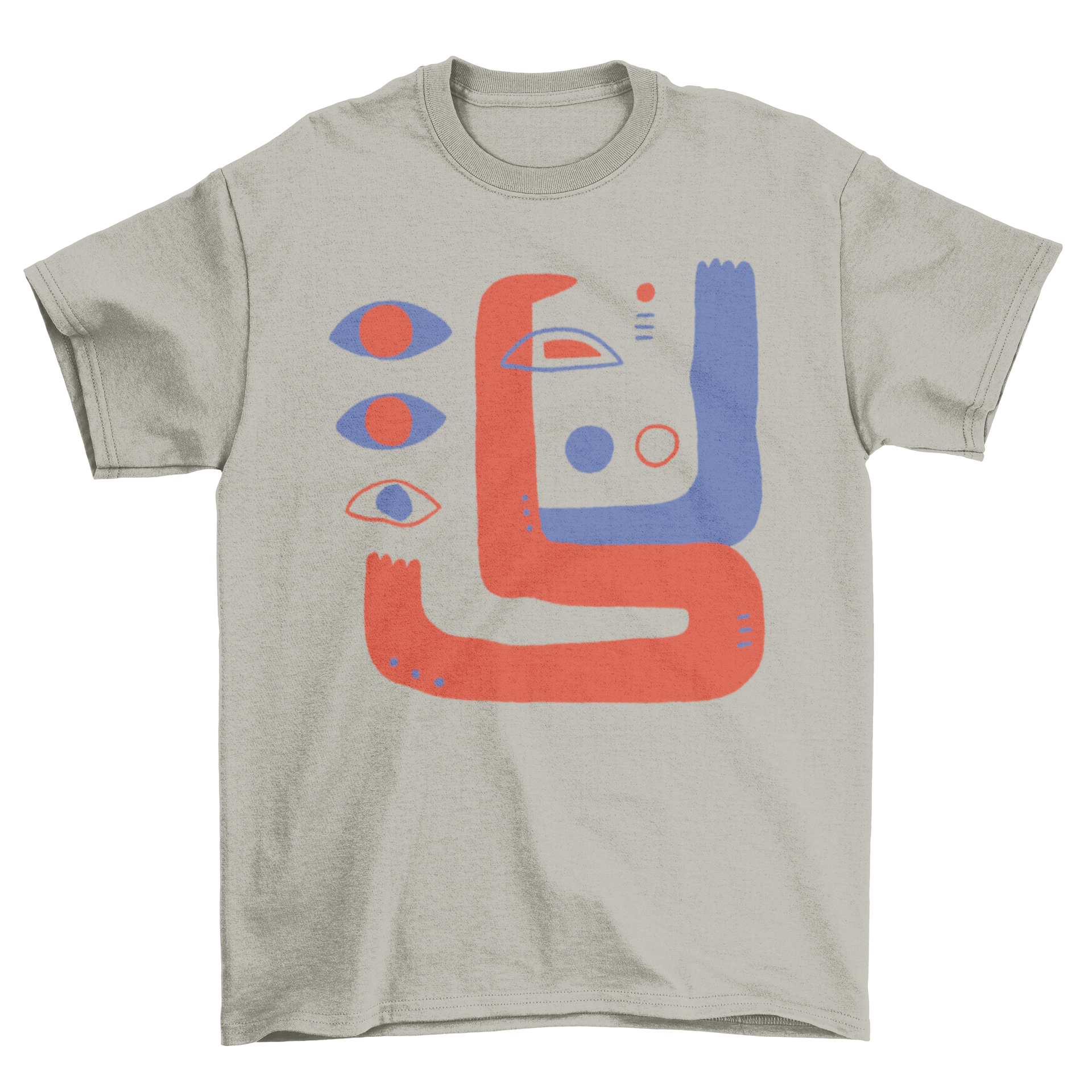 Abstract eyes t-shirt design featuring vibrant red and blue colors with abstract shapes.