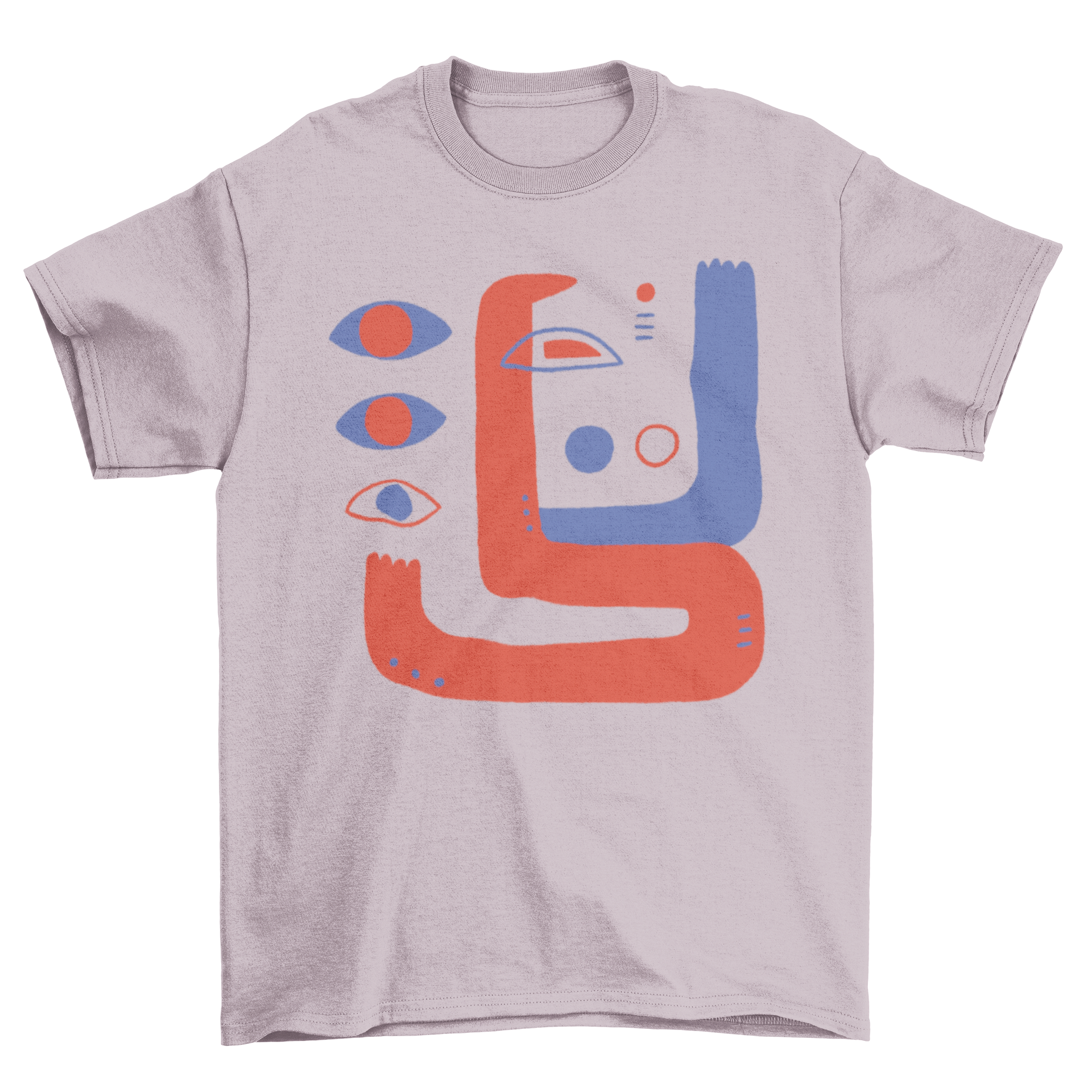 Abstract eyes t-shirt design featuring vibrant red and blue colors with abstract shapes.