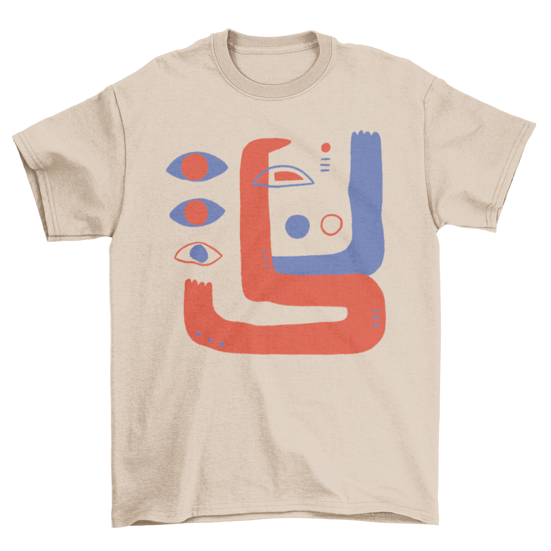 Abstract eyes t-shirt design featuring vibrant red and blue colors with abstract shapes.