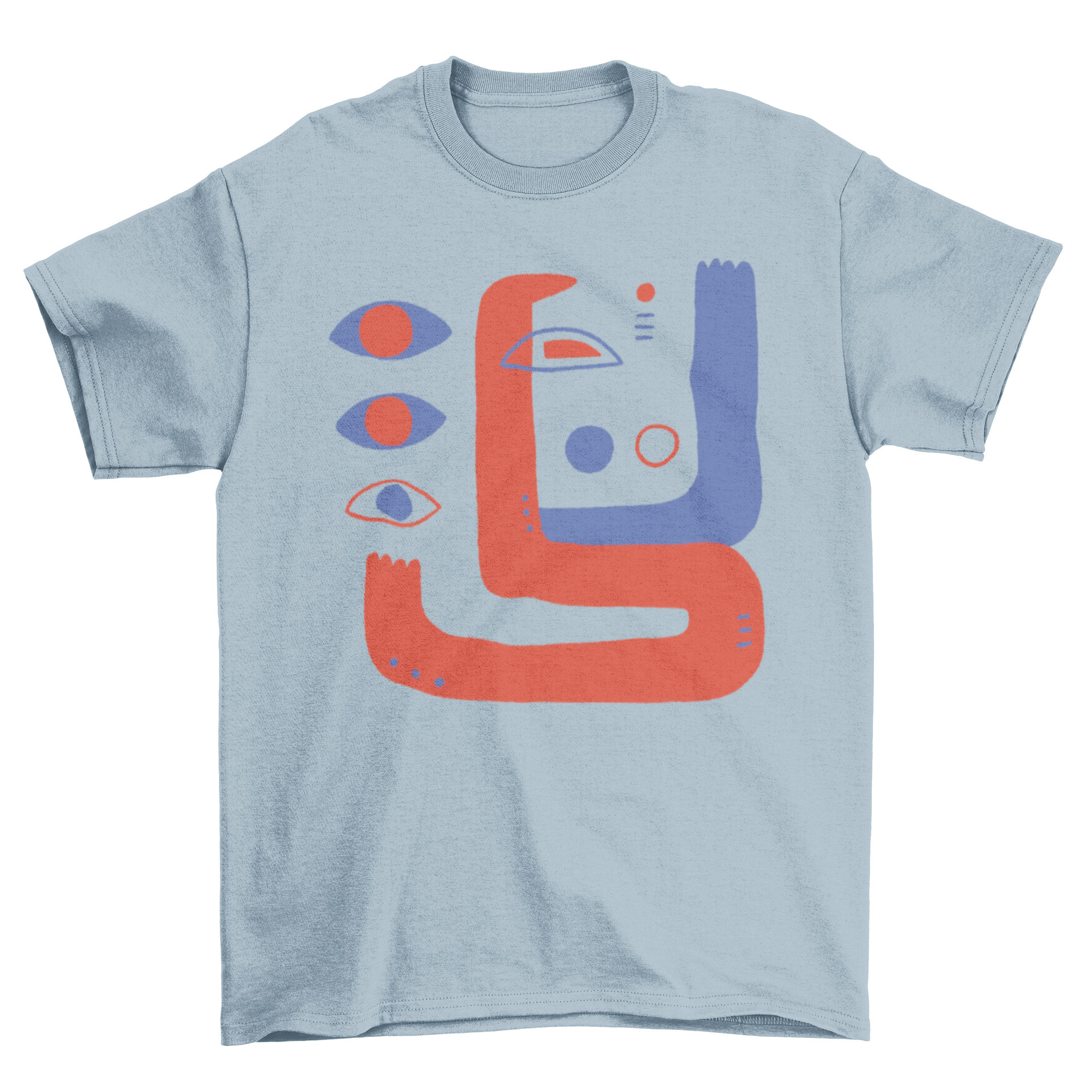 Abstract eyes t-shirt design featuring vibrant red and blue colors with abstract shapes.