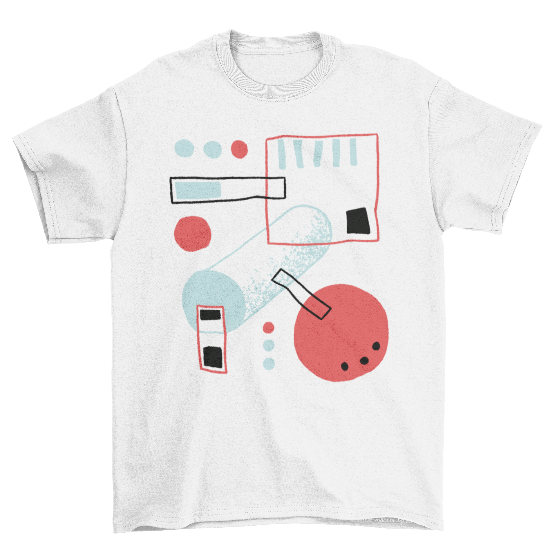 Abstract multicolor shapes t-shirt featuring irregular geometric designs in blue, red, and black.