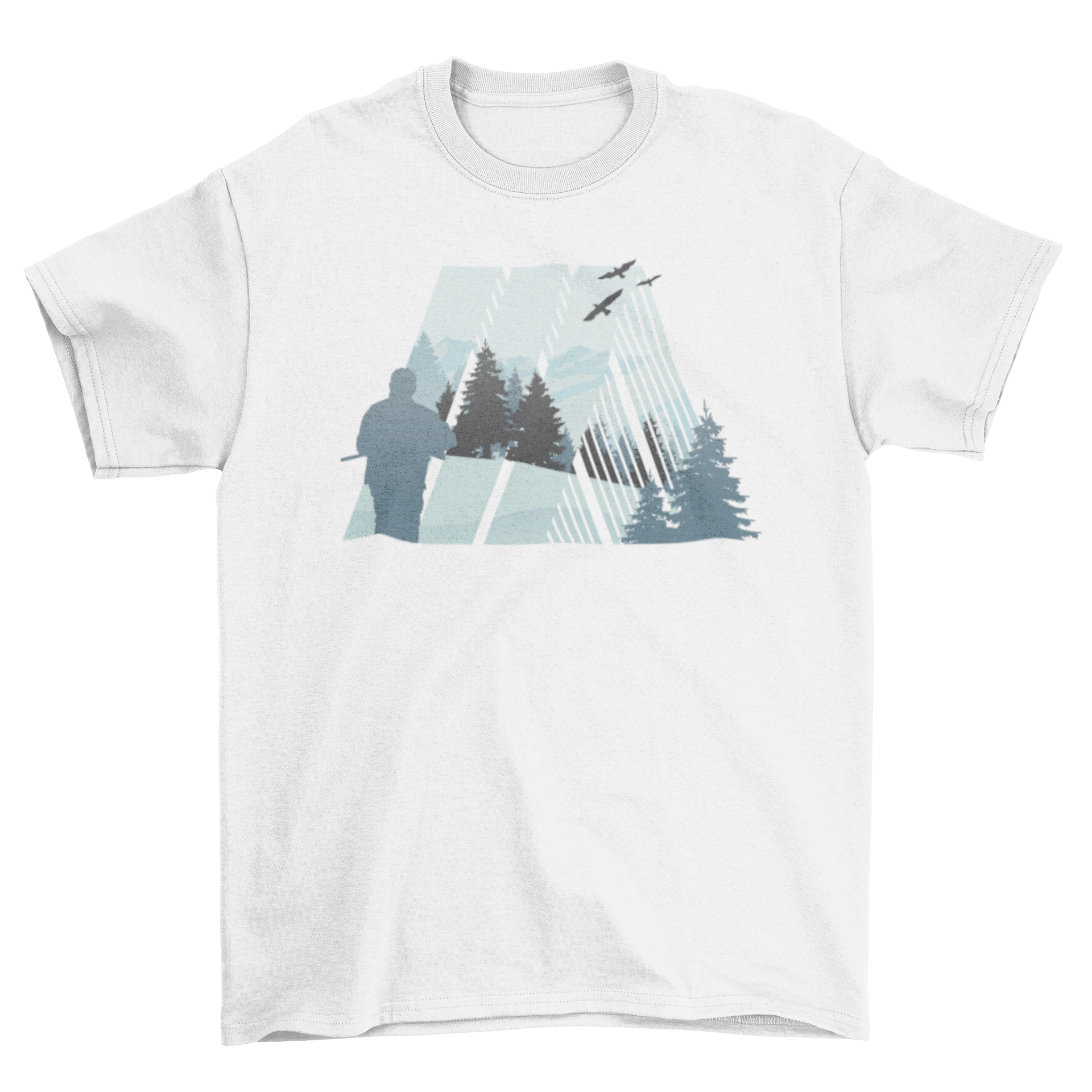 A stylish T-shirt featuring an abstract forest tree illustration, perfect for camping and outdoor activities.