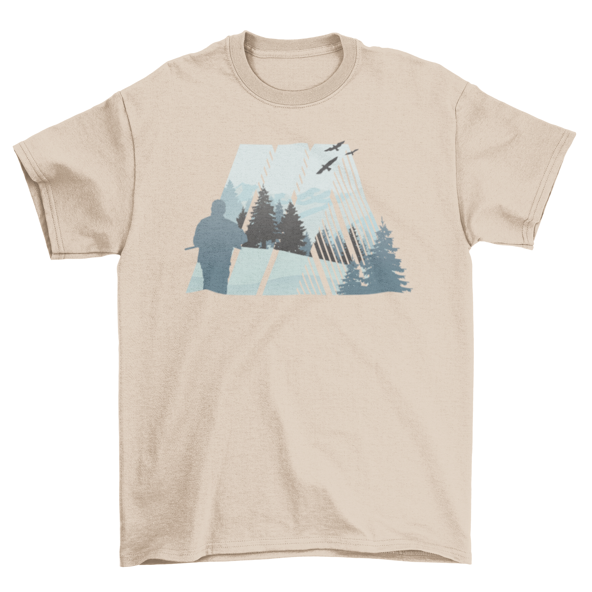 A stylish T-shirt featuring an abstract forest tree illustration, perfect for camping and outdoor activities.