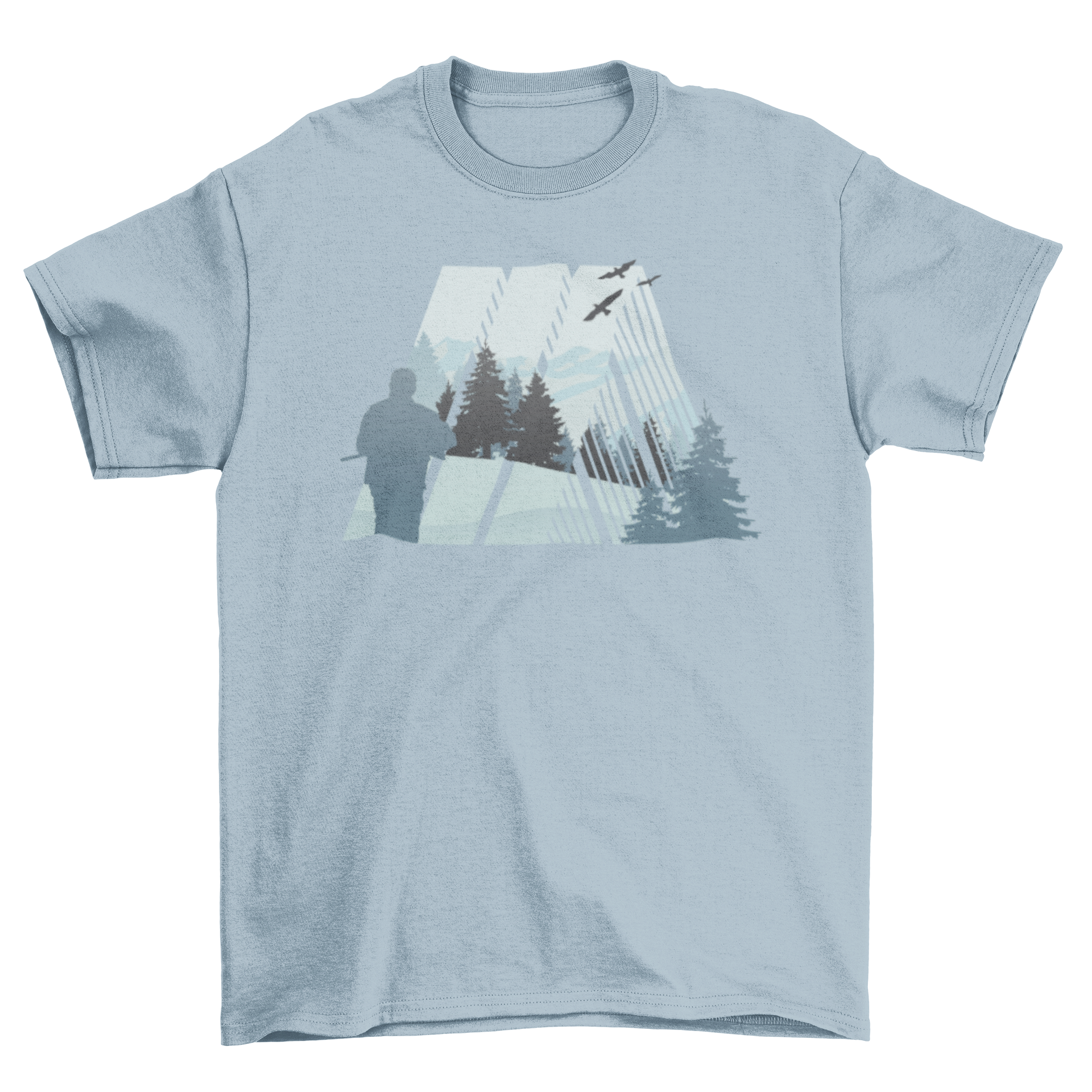 A stylish T-shirt featuring an abstract forest tree illustration, perfect for camping and outdoor activities.