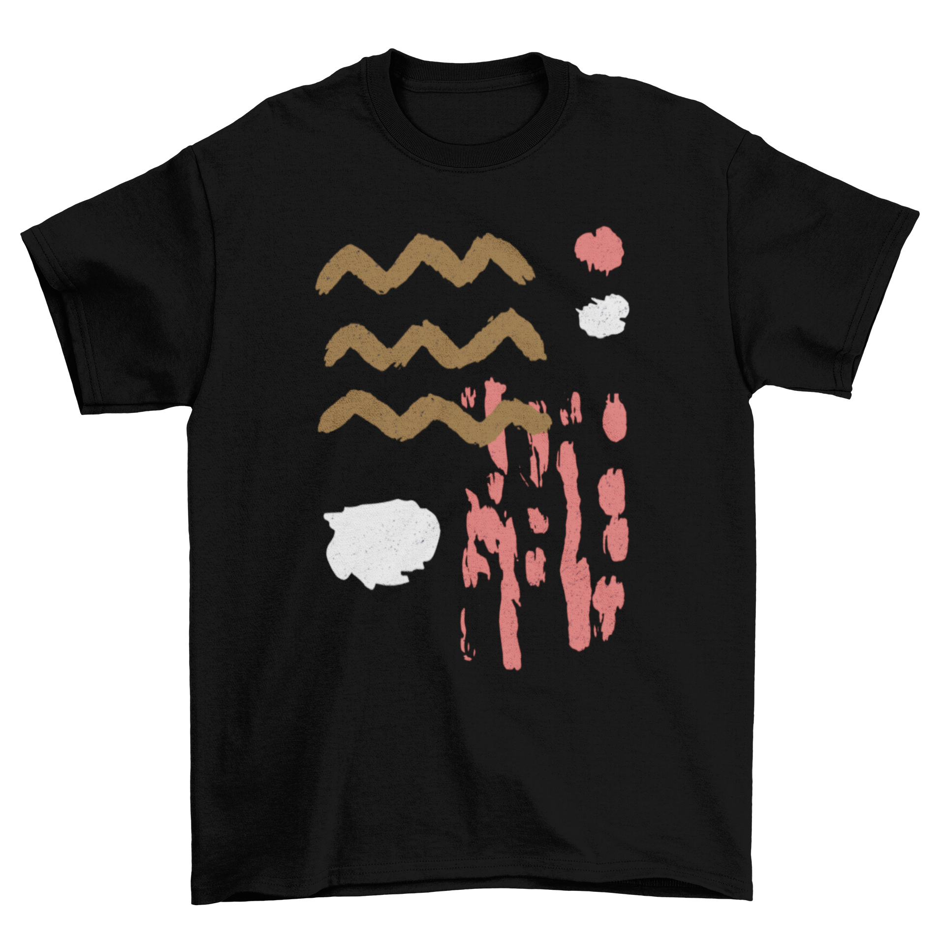 Abstract shapes t-shirt featuring irregular designs in brown, pink, and white colors, perfect for casual wear.