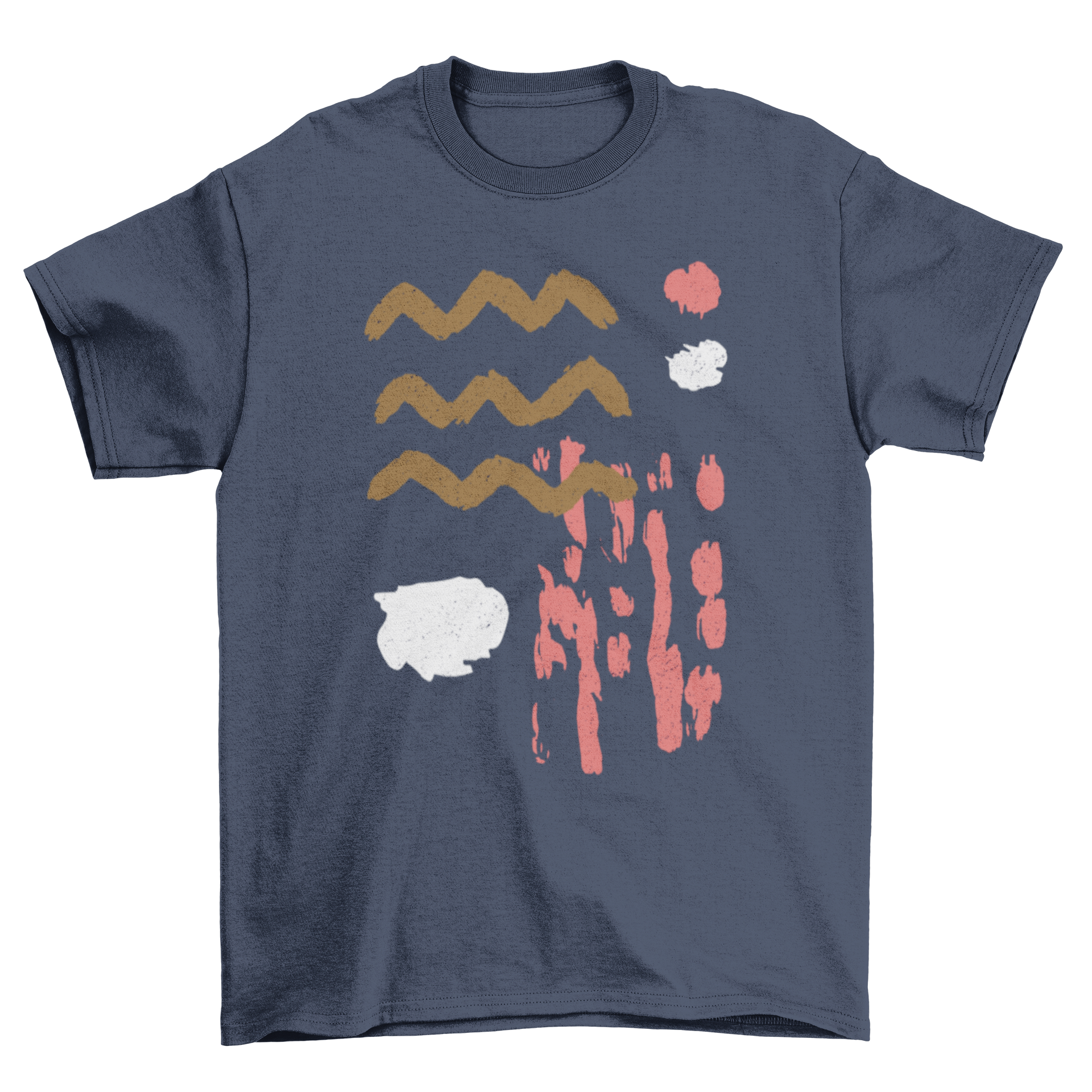 Abstract shapes t-shirt featuring irregular designs in brown, pink, and white colors, perfect for casual wear.