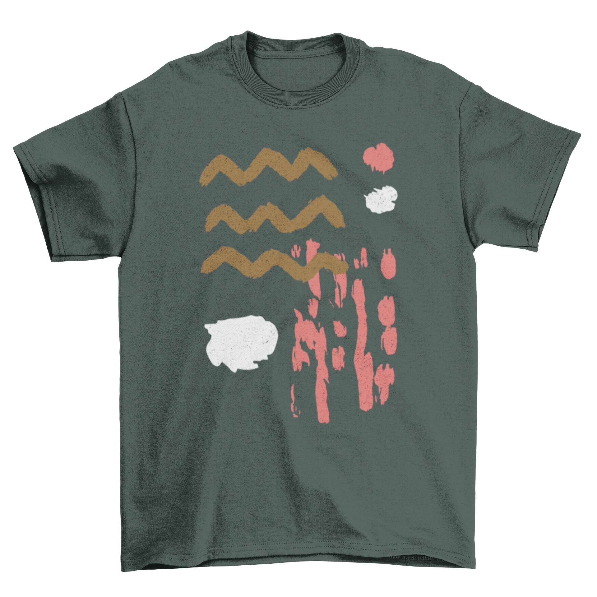 Abstract shapes t-shirt featuring irregular designs in brown, pink, and white colors, perfect for casual wear.