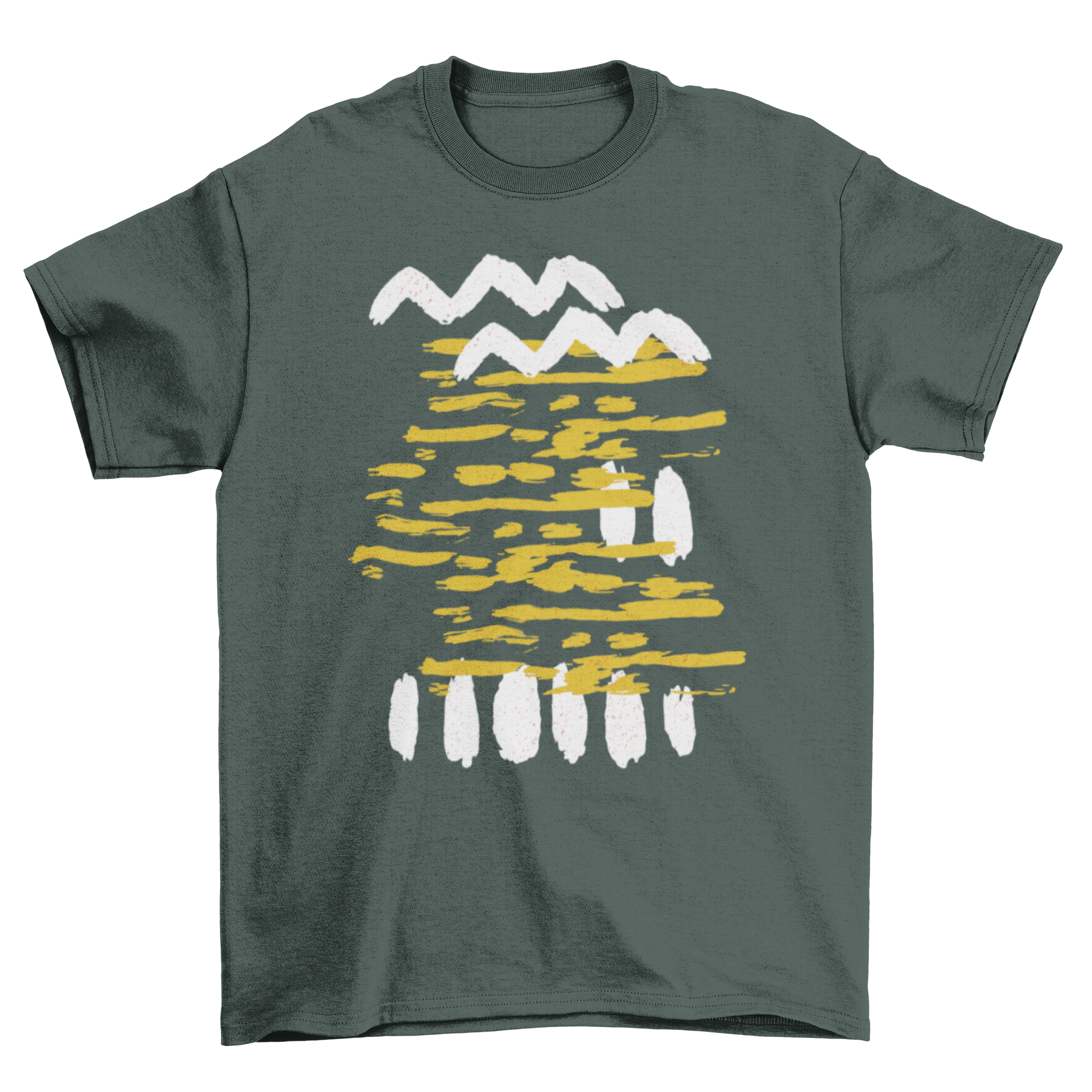 Abstract graphic on dark green shirt.