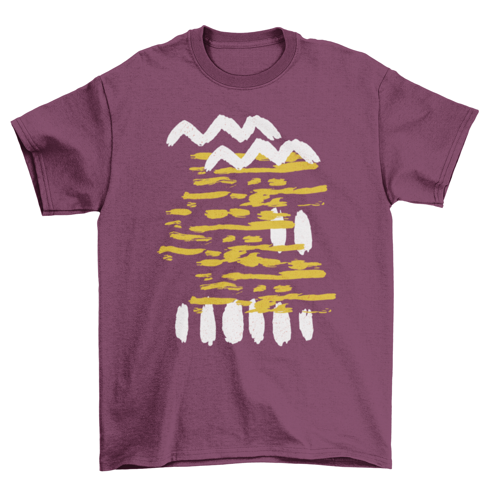 Purple t-shirt with abstract design.