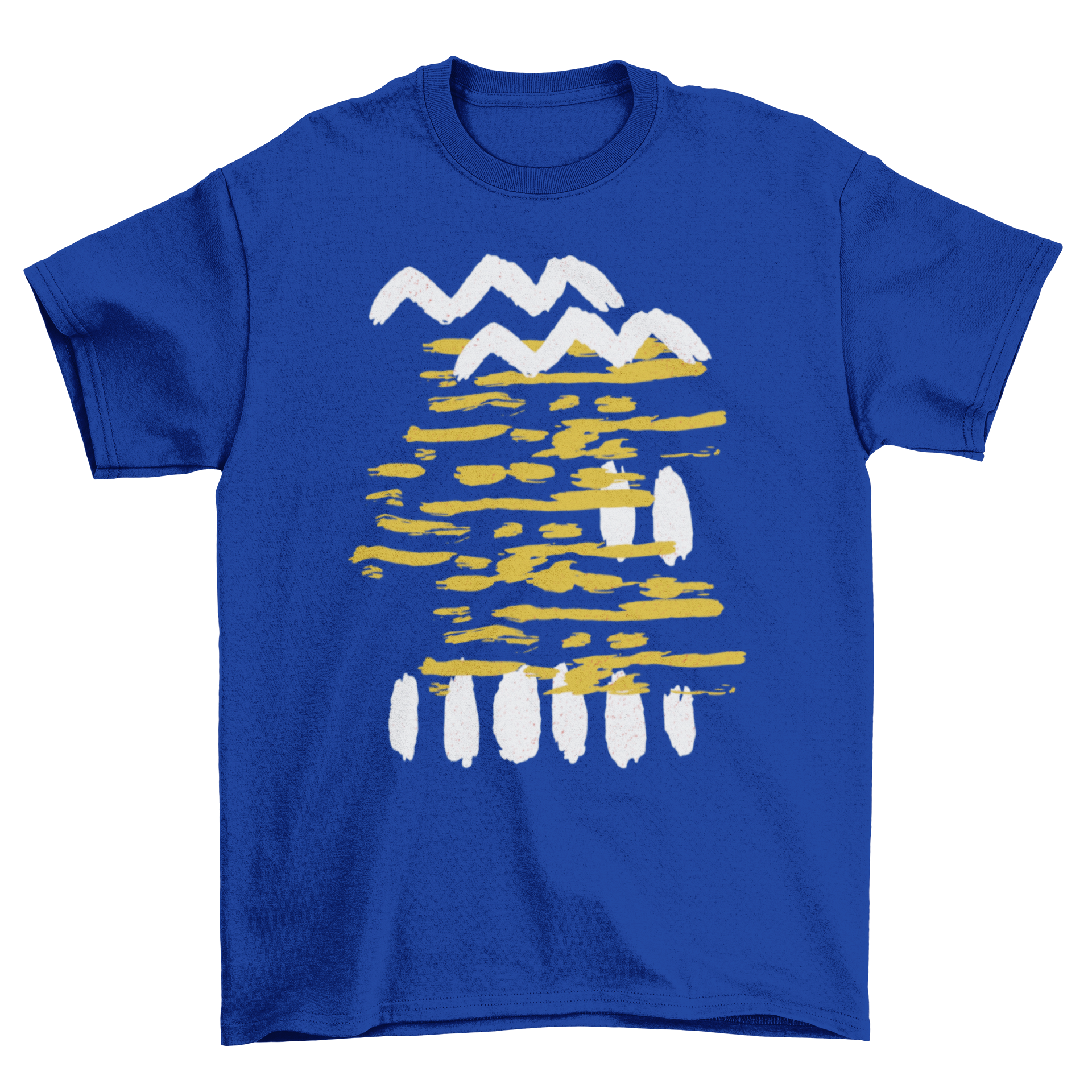 Blue t-shirt with abstract design.