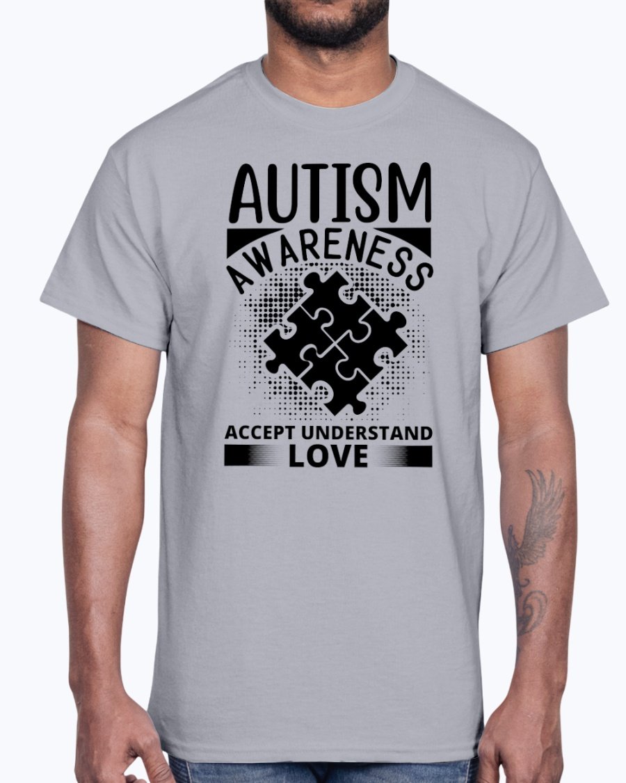 A unisex cotton tee featuring the phrase 'Accept, Understand, Love' in vibrant colors, promoting autism awareness.