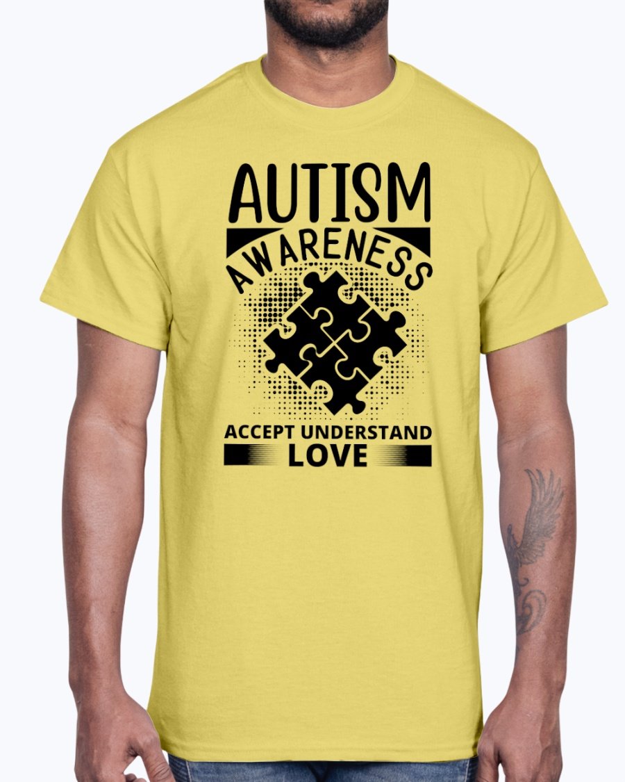 A unisex cotton tee featuring the phrase 'Accept, Understand, Love' in vibrant colors, promoting autism awareness.