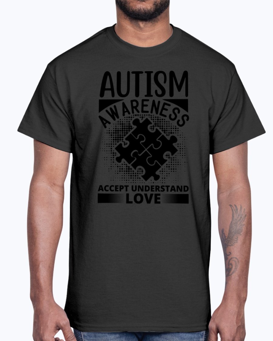 A unisex cotton tee featuring the phrase 'Accept, Understand, Love' in vibrant colors, promoting autism awareness.