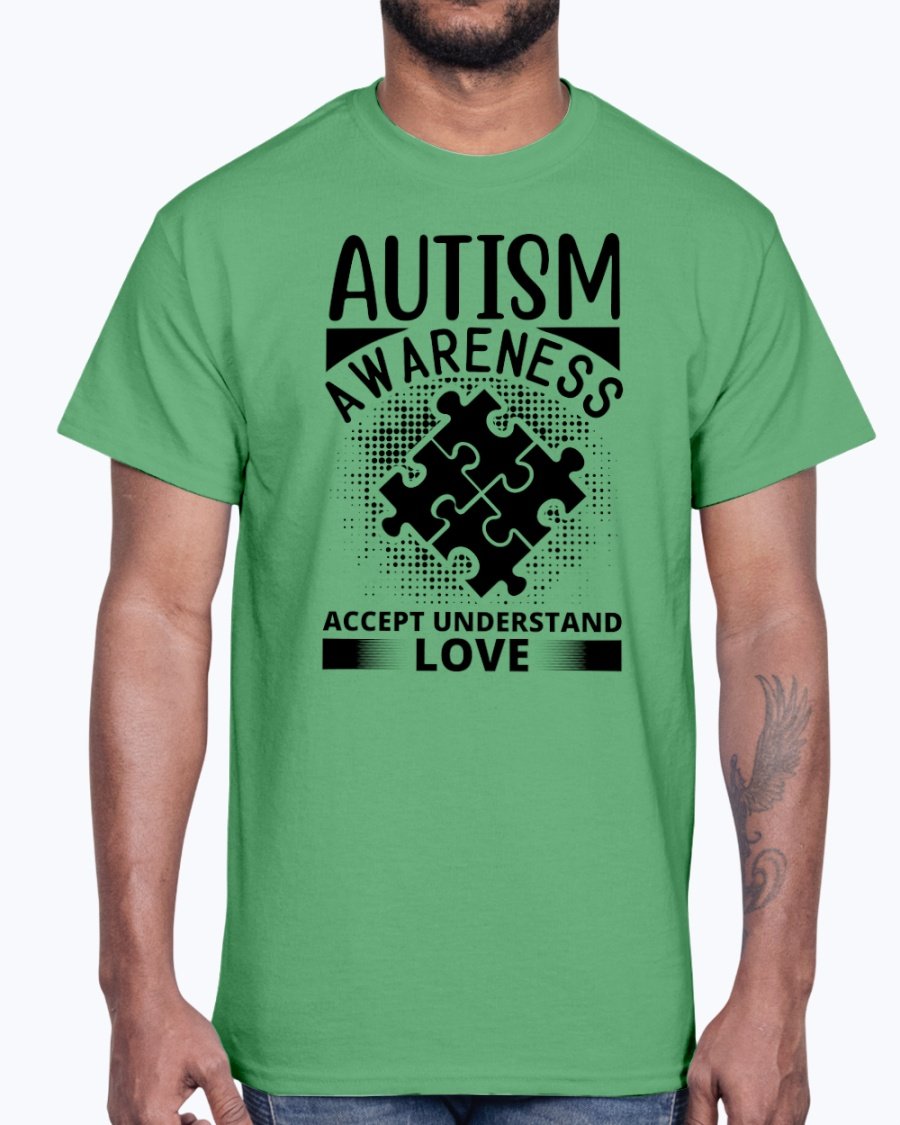 A unisex cotton tee featuring the phrase 'Accept, Understand, Love' in vibrant colors, promoting autism awareness.