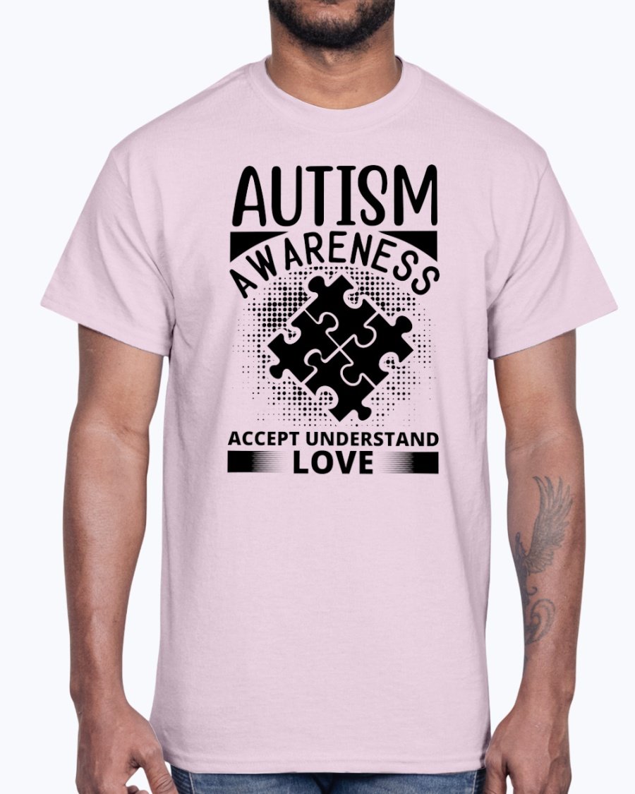 A unisex cotton tee featuring the phrase 'Accept, Understand, Love' in vibrant colors, promoting autism awareness.