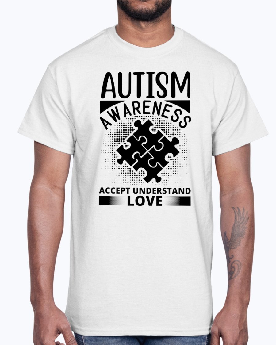 A unisex cotton tee featuring the phrase 'Accept, Understand, Love' in vibrant colors, promoting autism awareness.