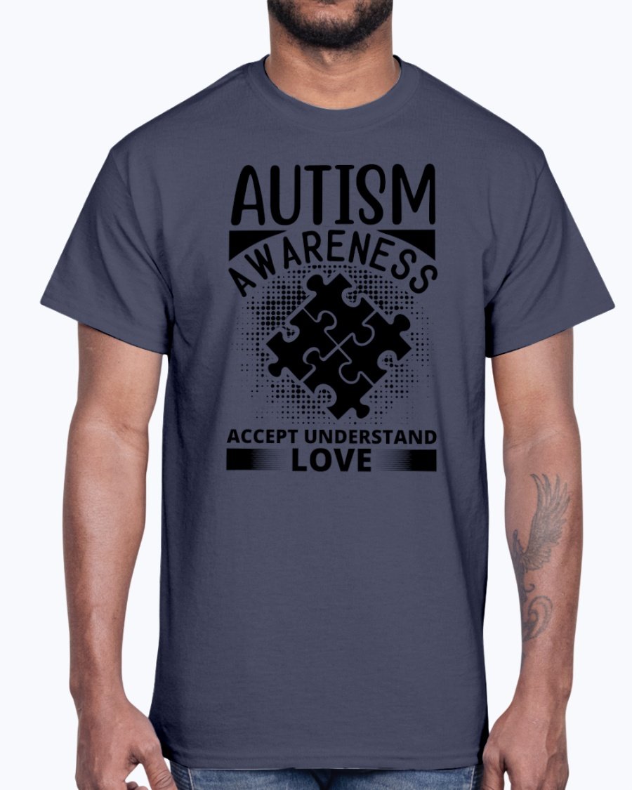 A unisex cotton tee featuring the phrase 'Accept, Understand, Love' in vibrant colors, promoting autism awareness.