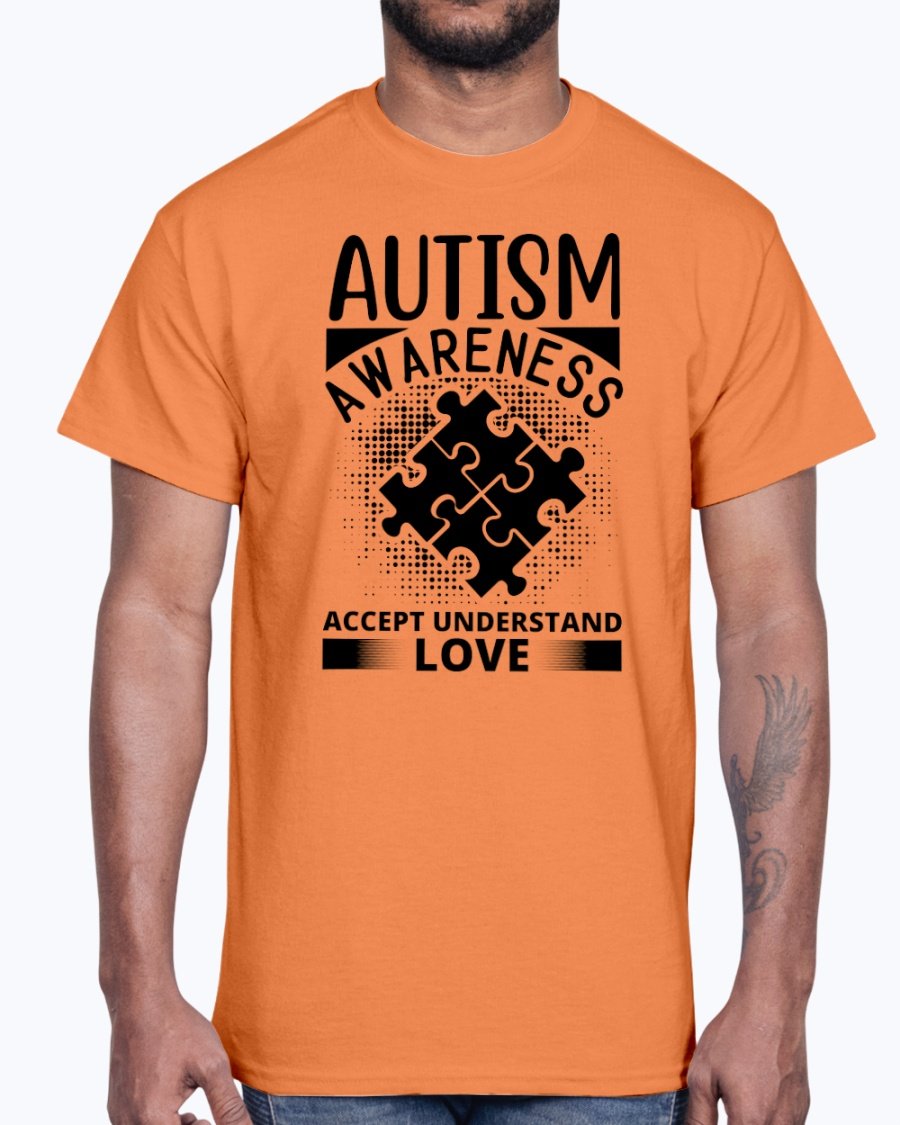 A unisex cotton tee featuring the phrase 'Accept, Understand, Love' in vibrant colors, promoting autism awareness.