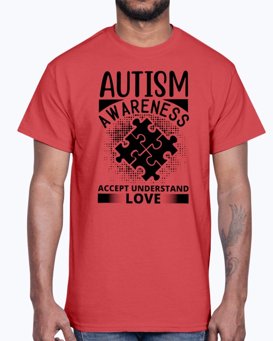 A unisex cotton tee featuring the phrase 'Accept, Understand, Love' in vibrant colors, promoting autism awareness.