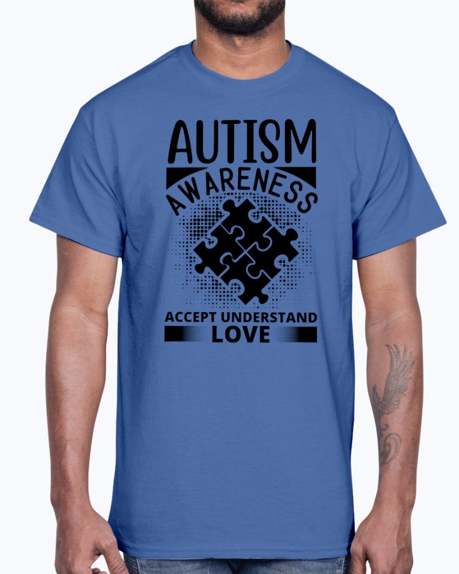 A unisex cotton tee featuring the phrase 'Accept, Understand, Love' in vibrant colors, promoting autism awareness.