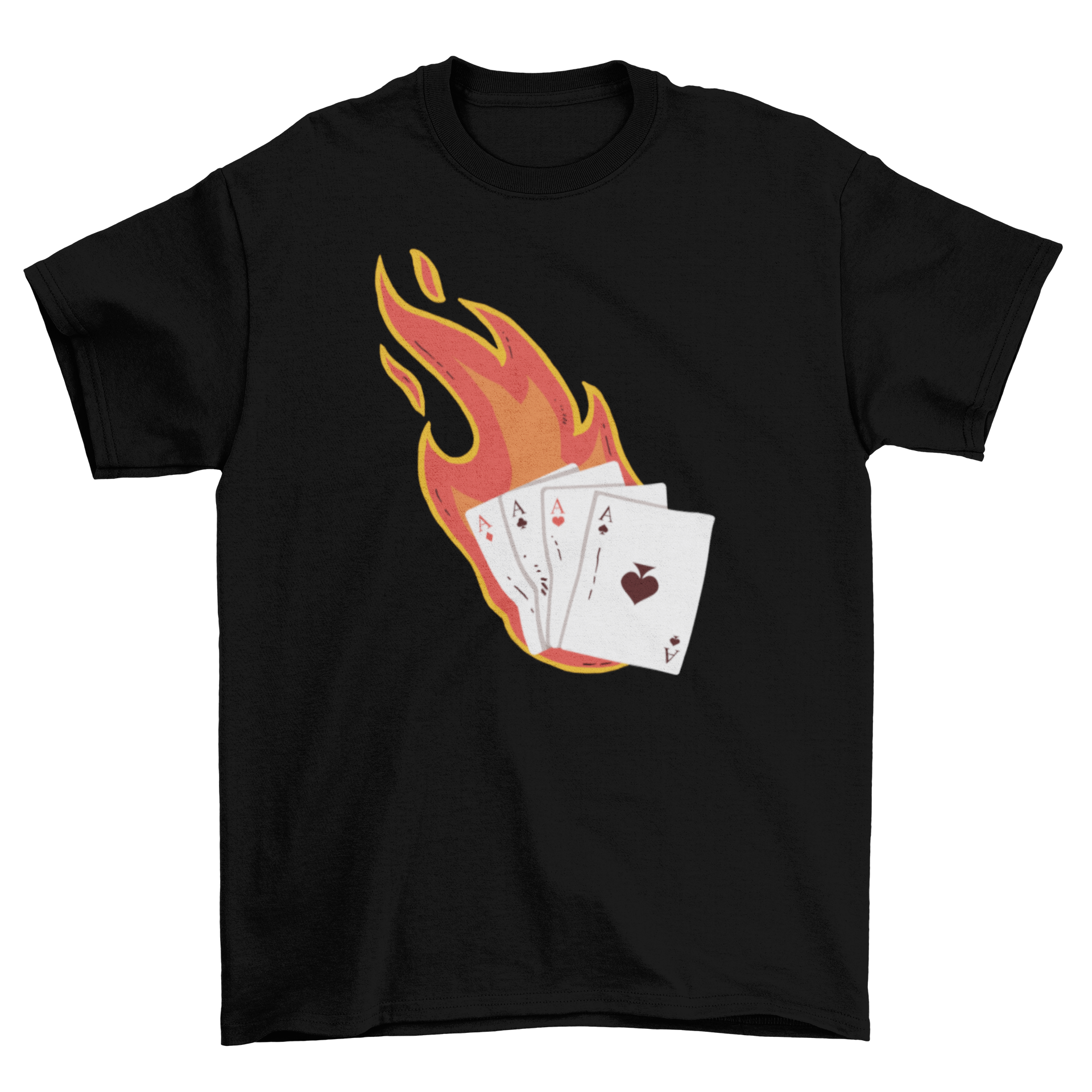 A stylish Aces on Fire t-shirt featuring a unique illustration of four aces burning, perfect for poker enthusiasts.