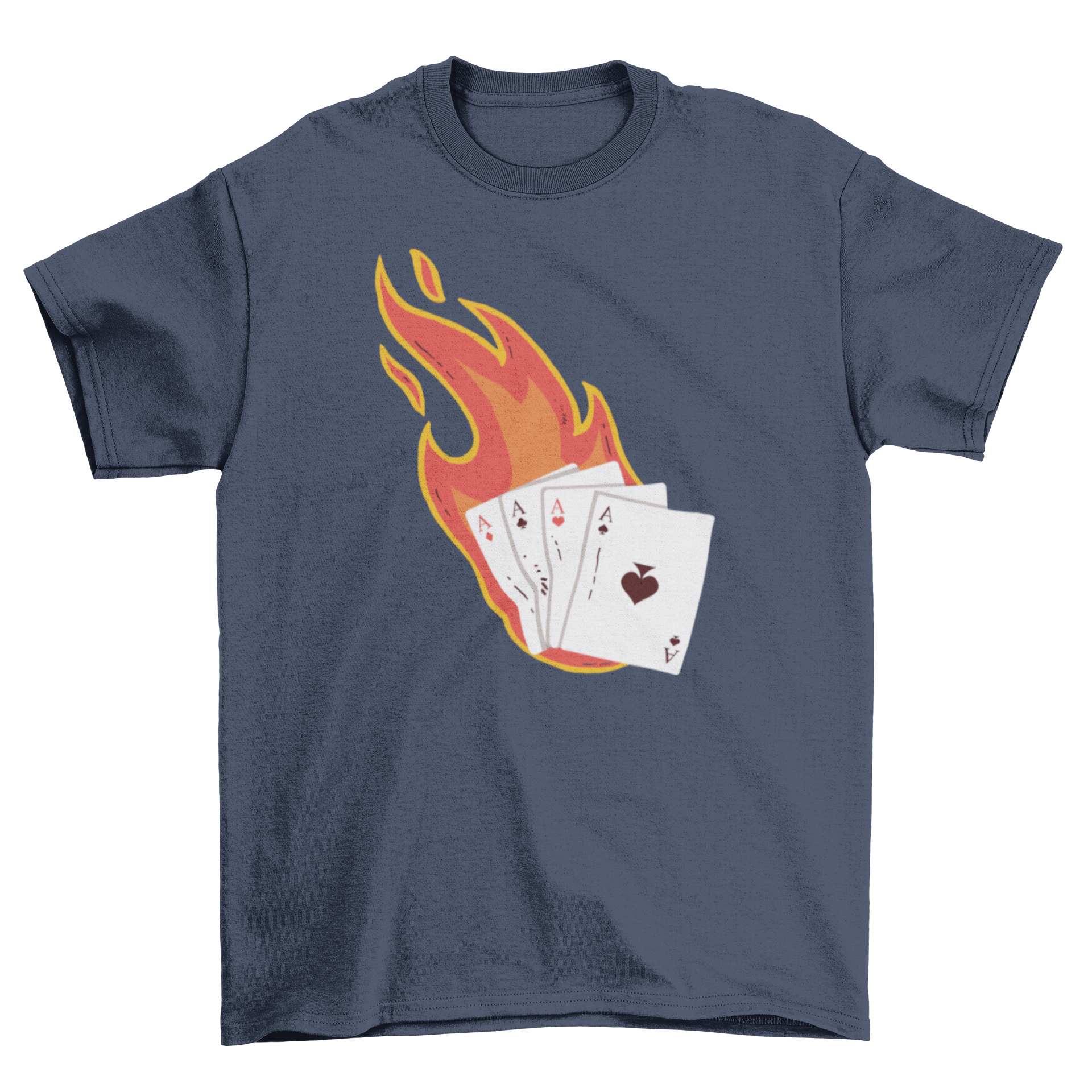 A stylish Aces on Fire t-shirt featuring a unique illustration of four aces burning, perfect for poker enthusiasts.