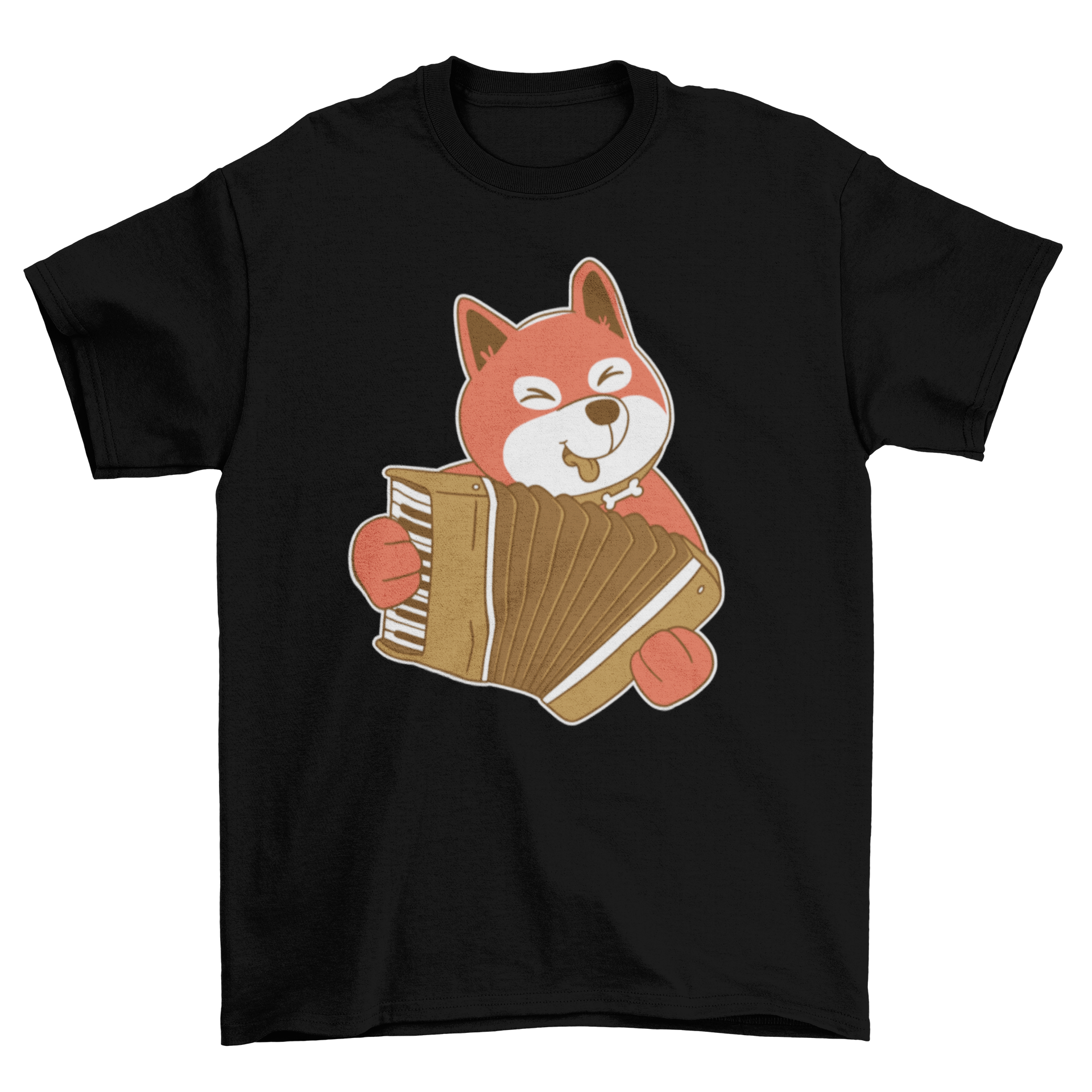 A cute t-shirt featuring a dog playing the accordion, showcasing a fun and whimsical design for dog lovers.