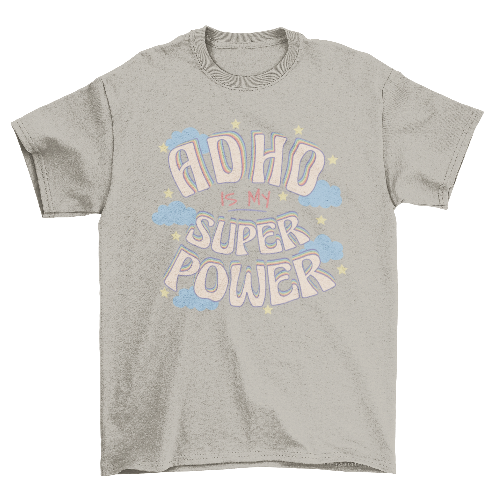 A stylish t-shirt featuring the quote 'ADHD is my superpower' in bold lettering, showcasing a unique design for ADHD awareness.