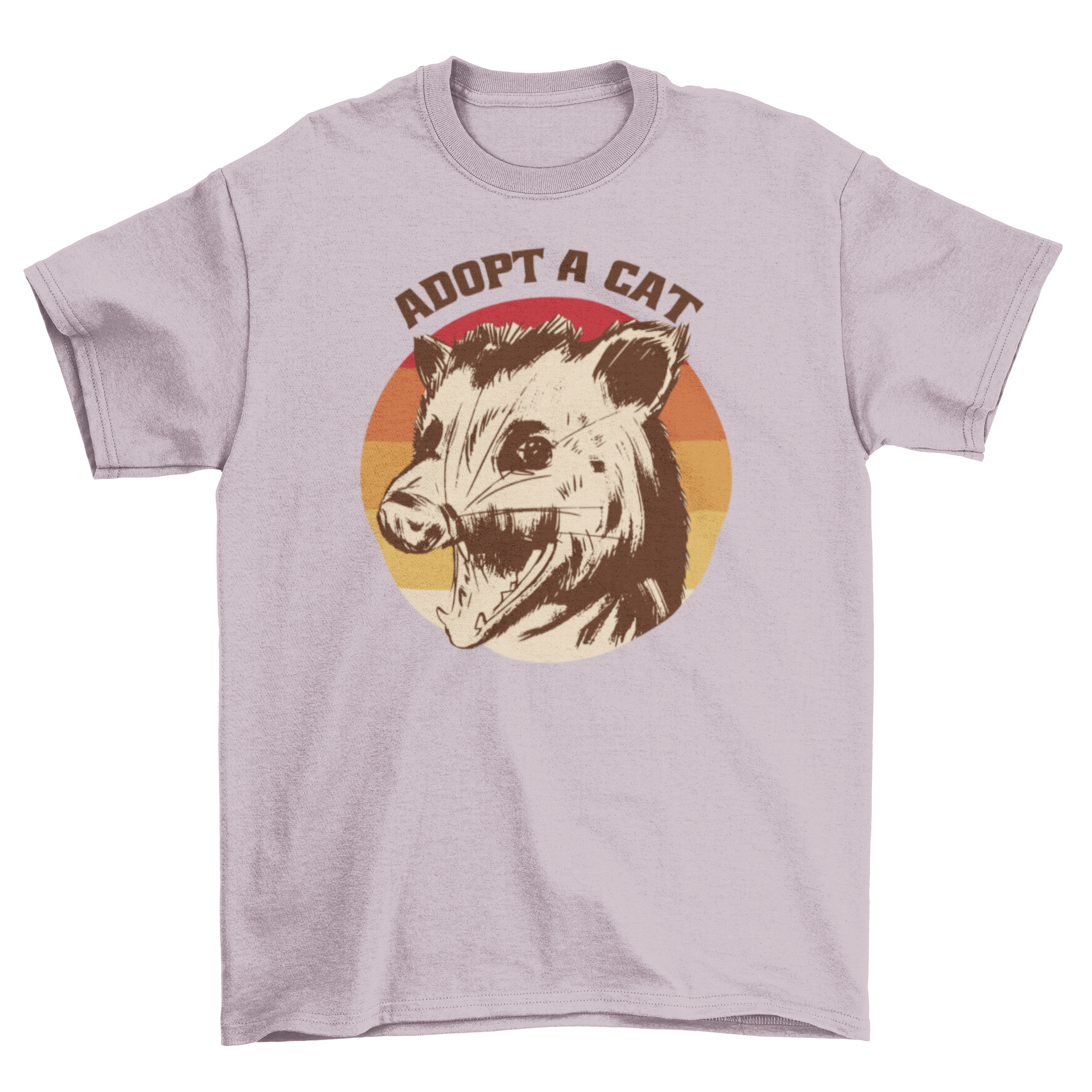 Funny t-shirt featuring a mad possum with a retro sunset background and the quote 'Adopt a Cat'.