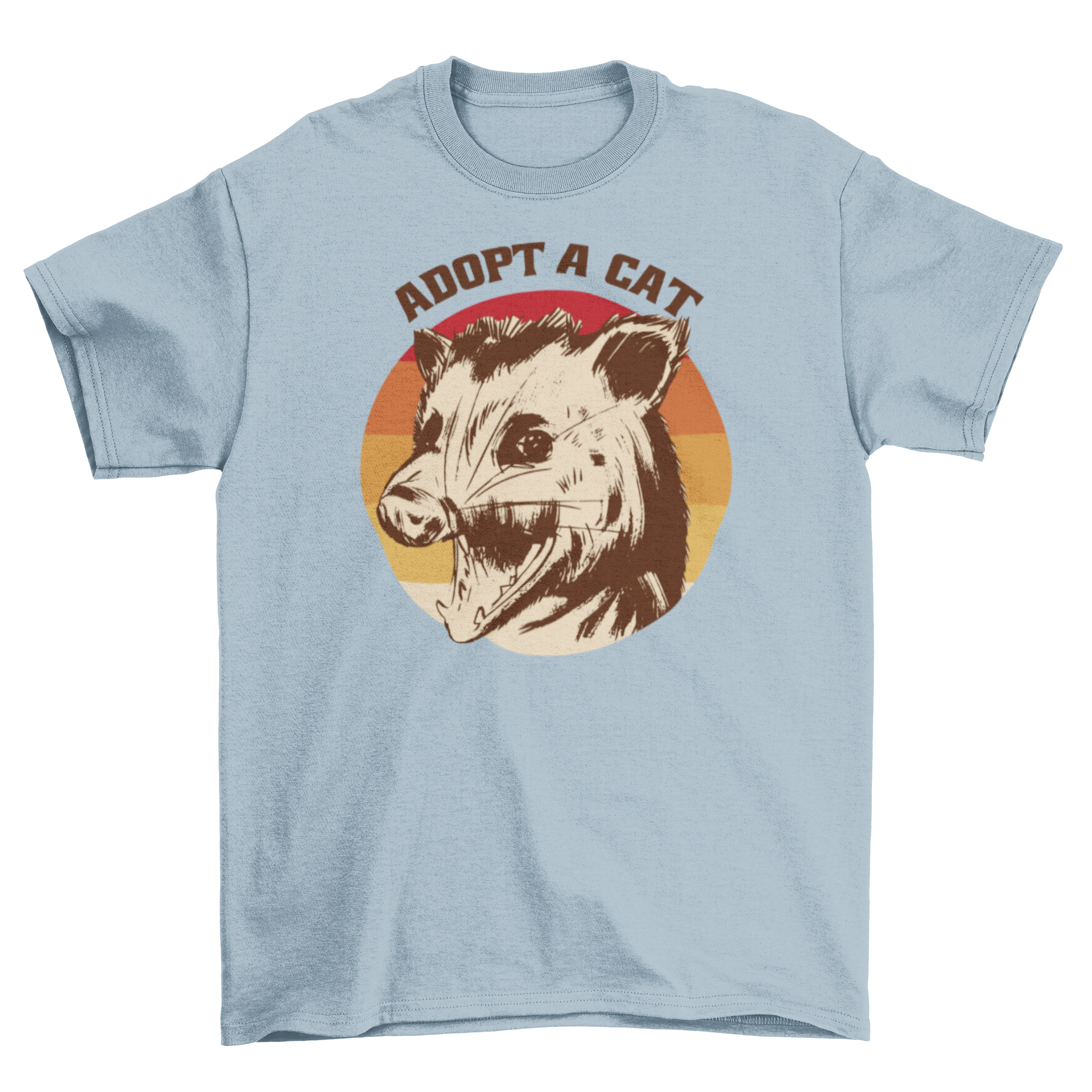 Funny t-shirt featuring a mad possum with a retro sunset background and the quote 'Adopt a Cat'.