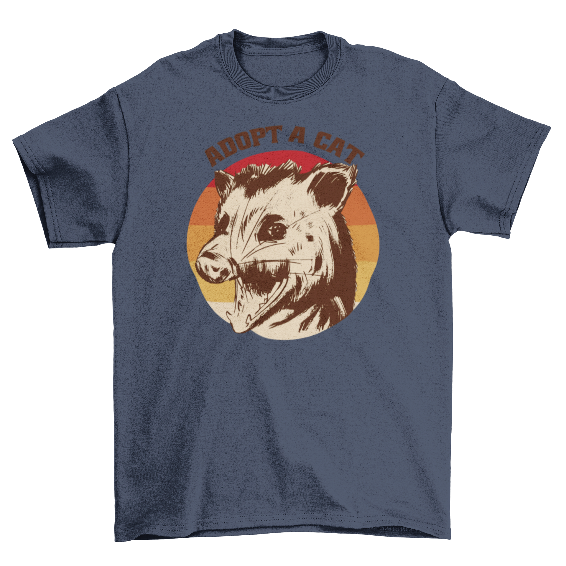 Funny t-shirt featuring a mad possum with a retro sunset background and the quote 'Adopt a Cat'.