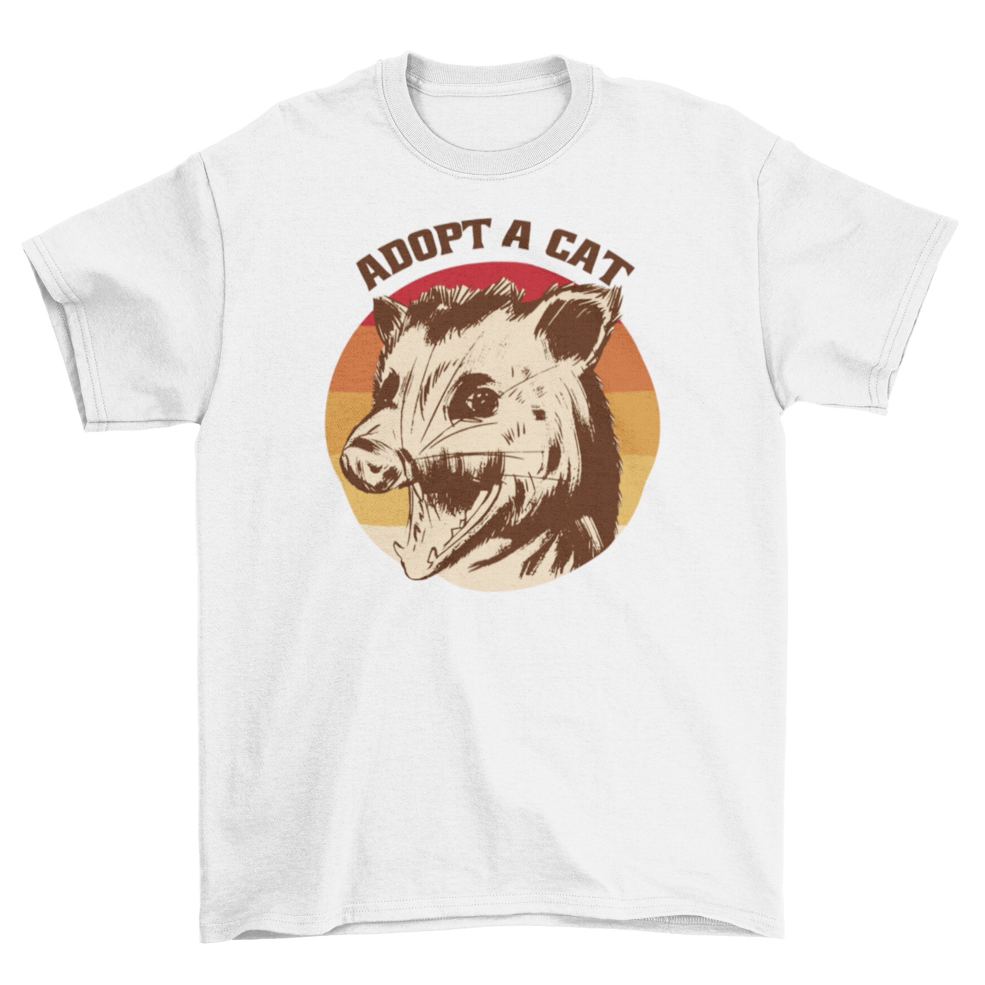 Funny t-shirt featuring a mad possum with a retro sunset background and the quote 'Adopt a Cat'.