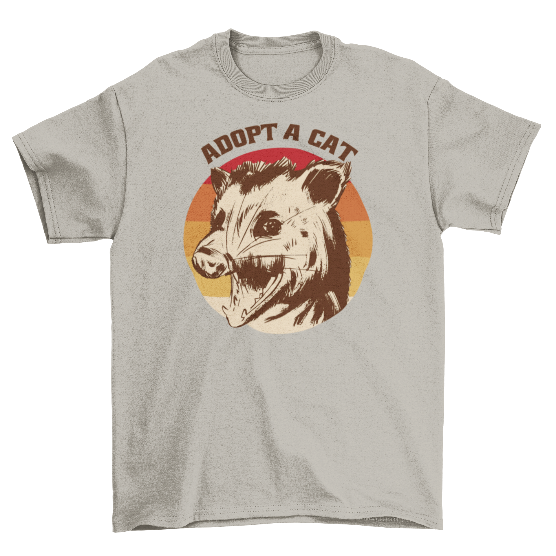 Funny t-shirt featuring a mad possum with a retro sunset background and the quote 'Adopt a Cat'.