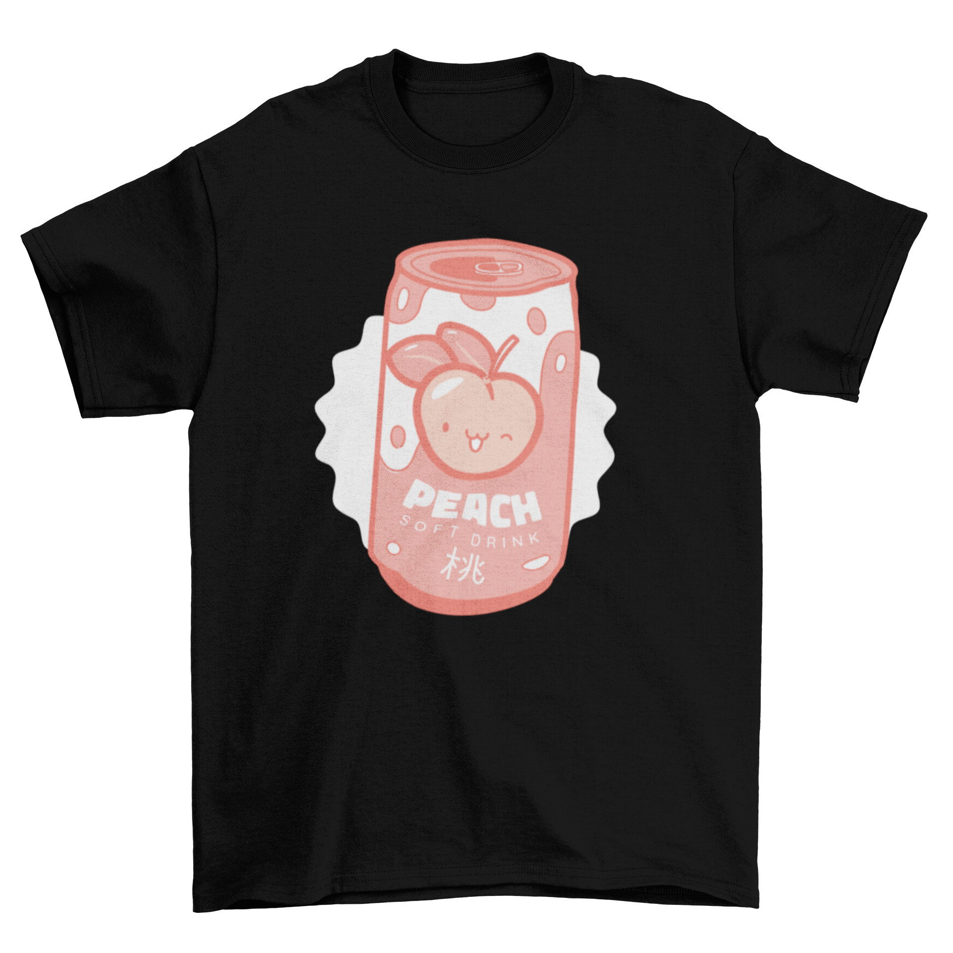 Adorable pastel peach soda can t-shirt design featuring kawaii peach and Japanese kanji.