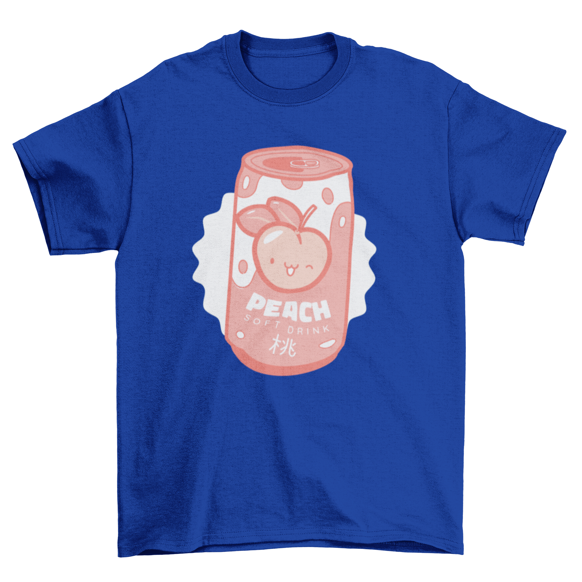 Adorable pastel peach soda can t-shirt design featuring kawaii peach and Japanese kanji.