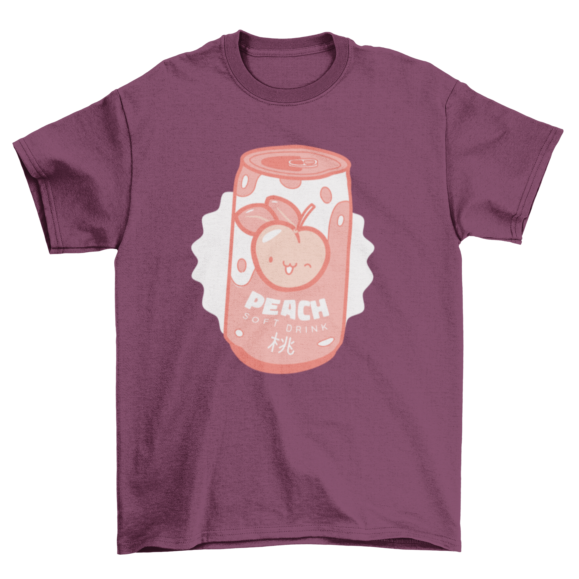 Adorable pastel peach soda can t-shirt design featuring kawaii peach and Japanese kanji.