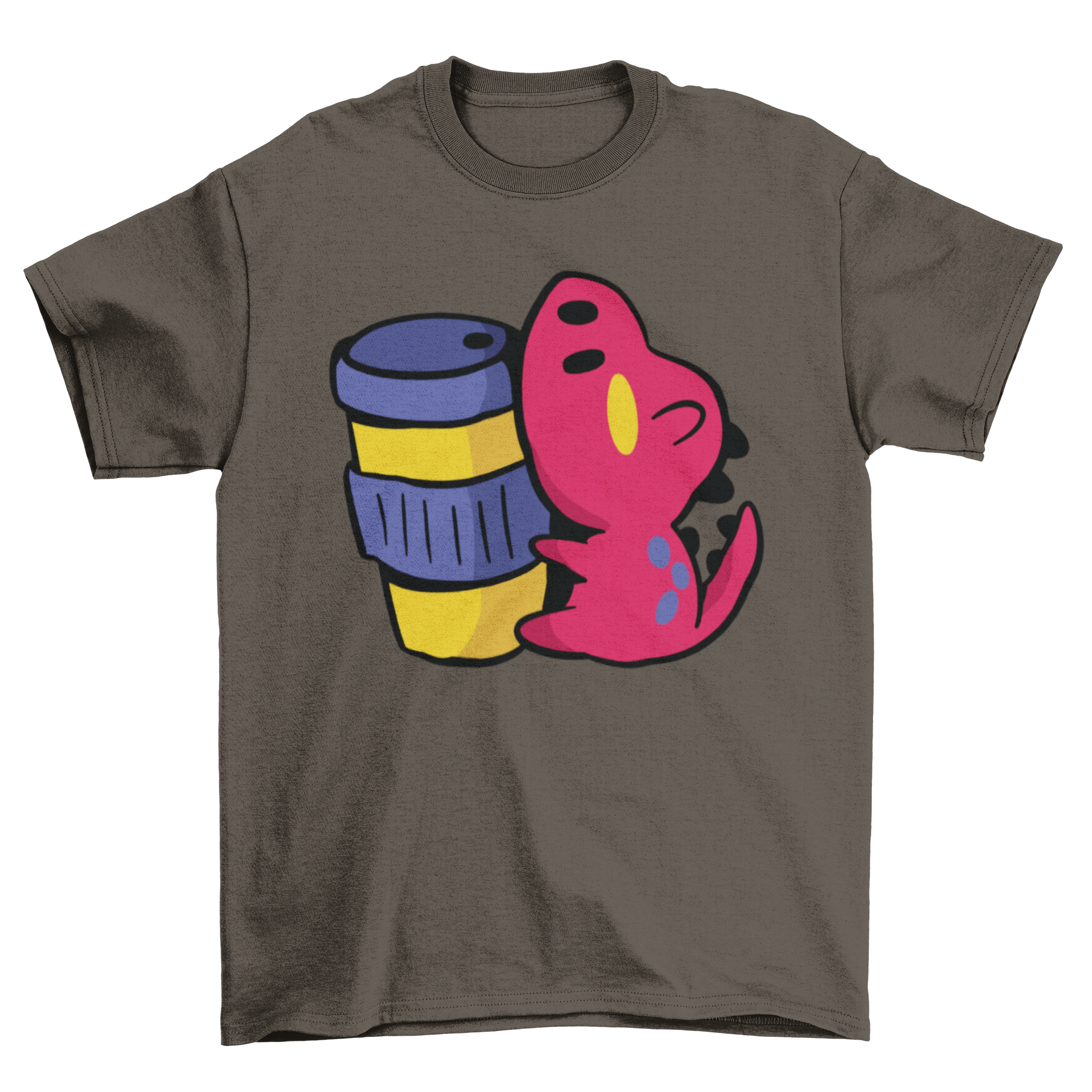 Adorable Kawaii dinosaur t-shirt featuring a cute dinosaur holding a coffee cup, perfect for casual wear.