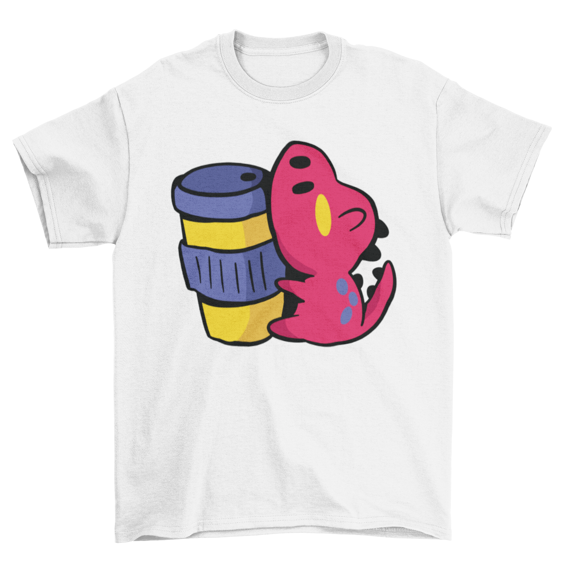 Adorable Kawaii dinosaur t-shirt featuring a cute dinosaur holding a coffee cup, perfect for casual wear.