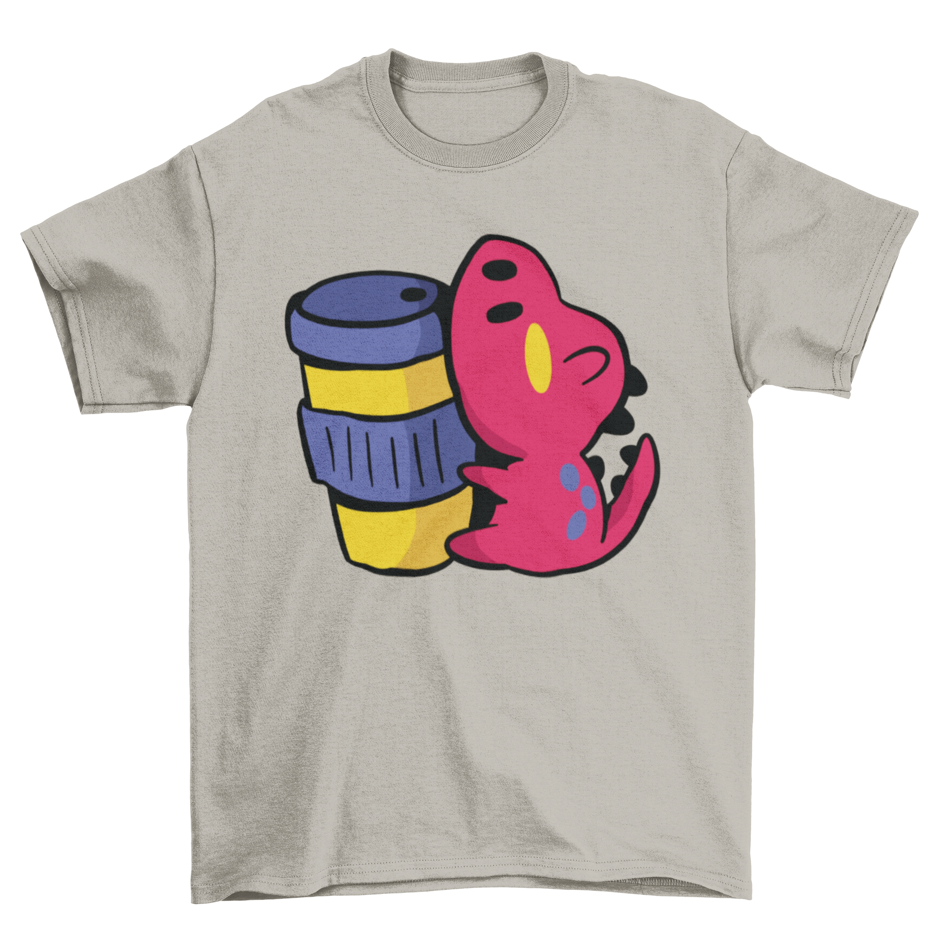 Adorable Kawaii dinosaur t-shirt featuring a cute dinosaur holding a coffee cup, perfect for casual wear.