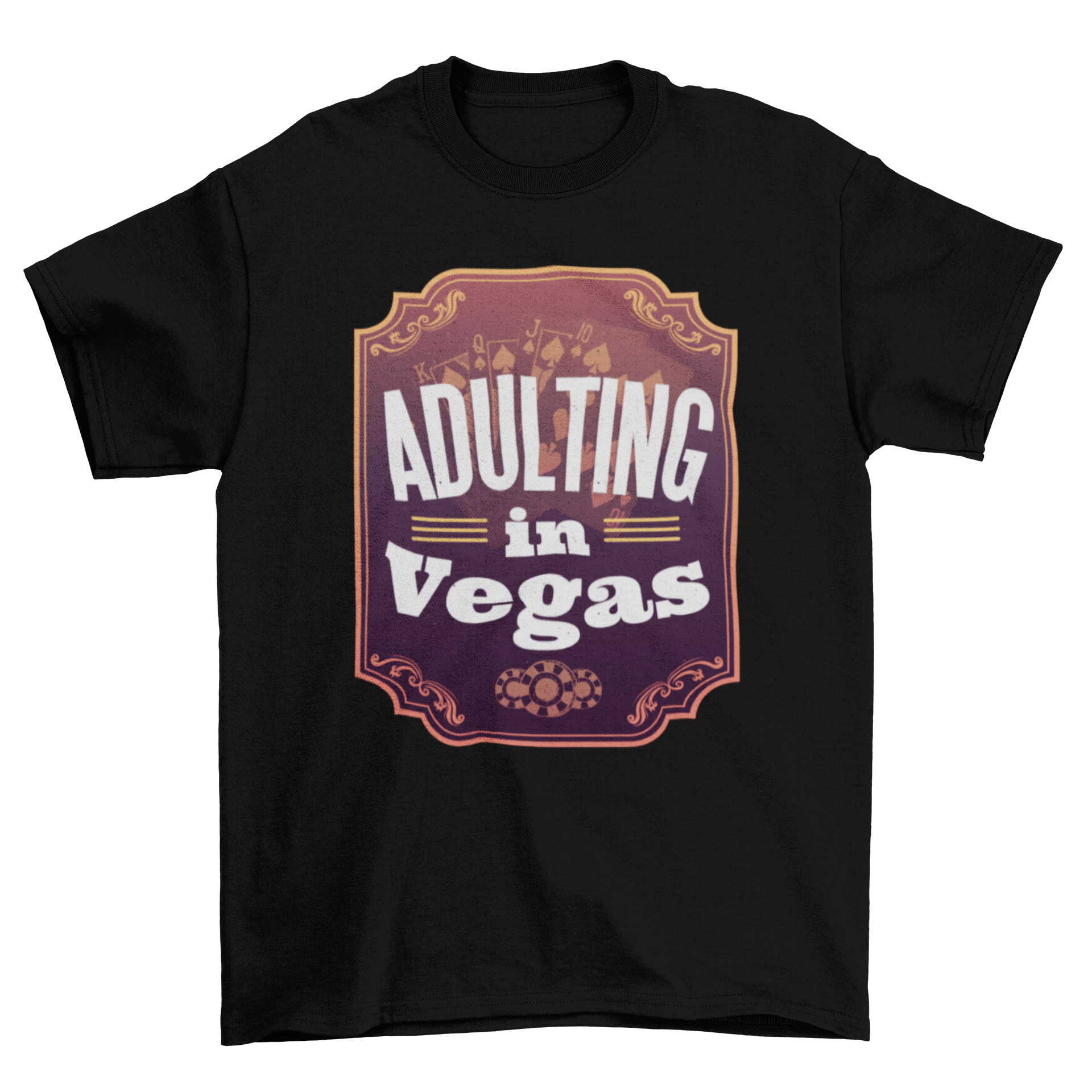 Adulting in Vegas T-shirt featuring elegant frame and playful lettering.