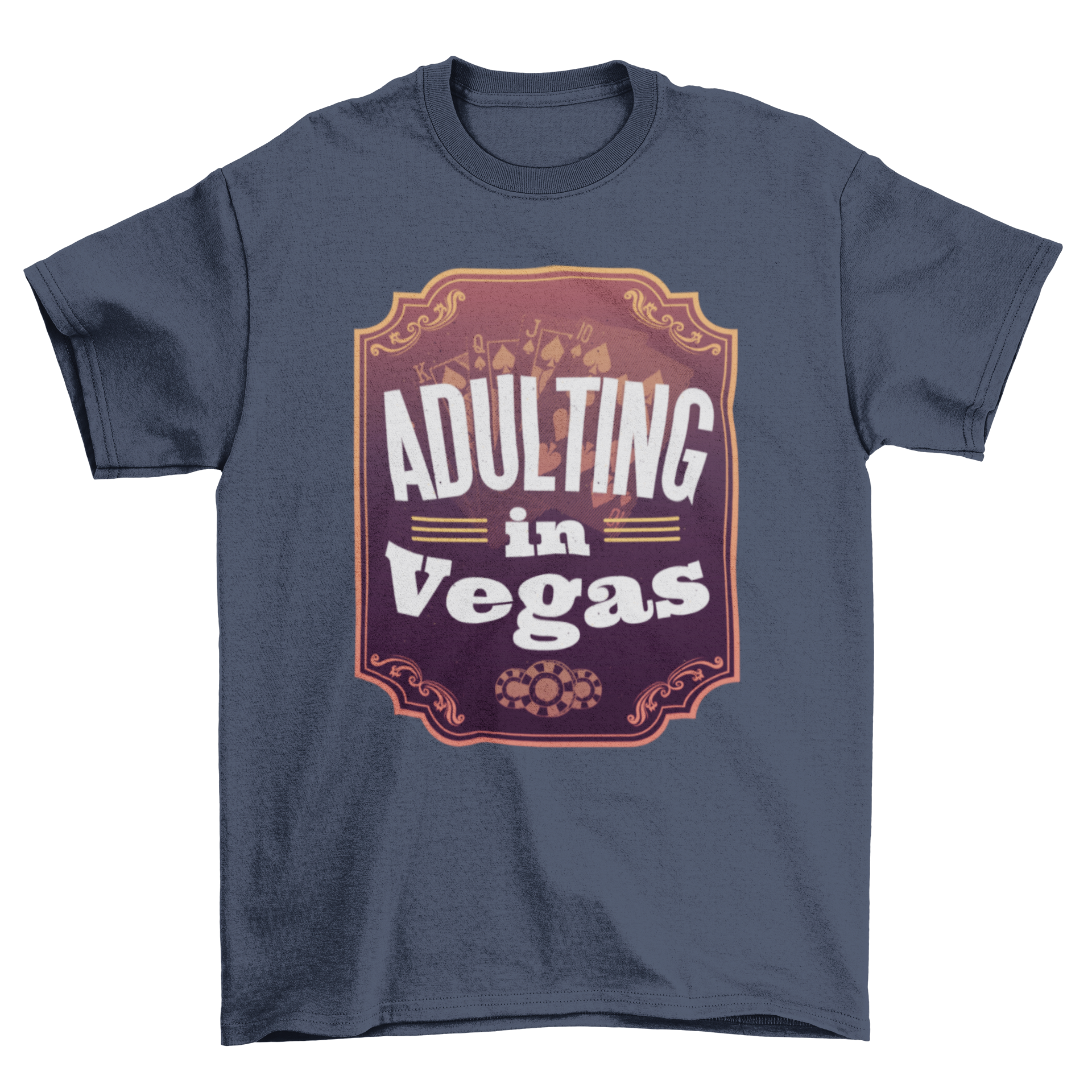 Adulting in Vegas T-shirt featuring elegant frame and playful lettering.