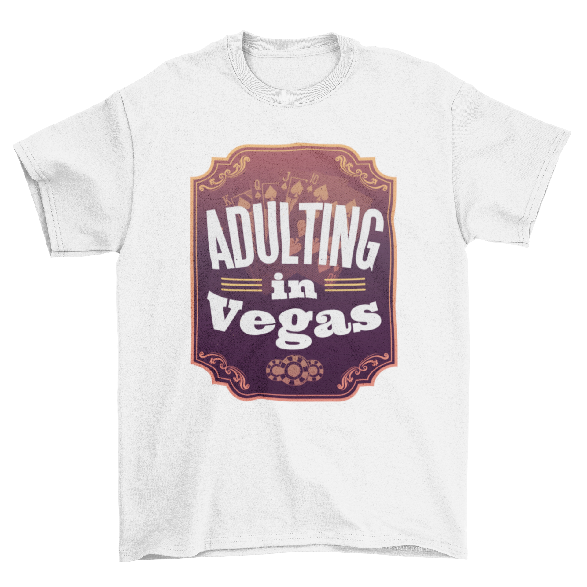 Adulting in Vegas T-shirt featuring elegant frame and playful lettering.