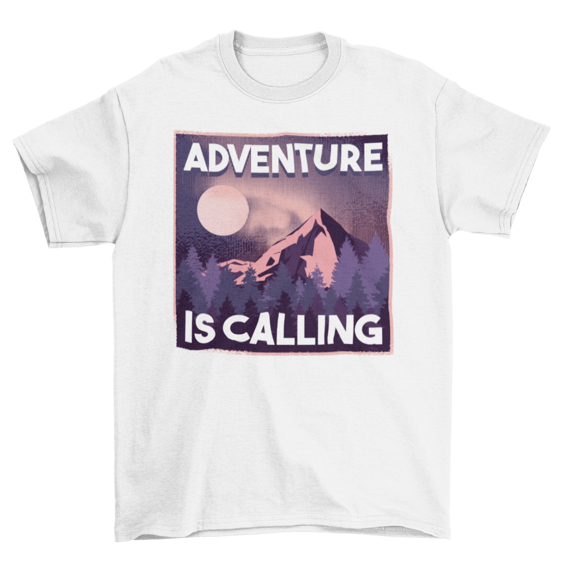 Adventure is Calling t-shirt featuring mountain pine trees and moon illustration with a motivational quote.