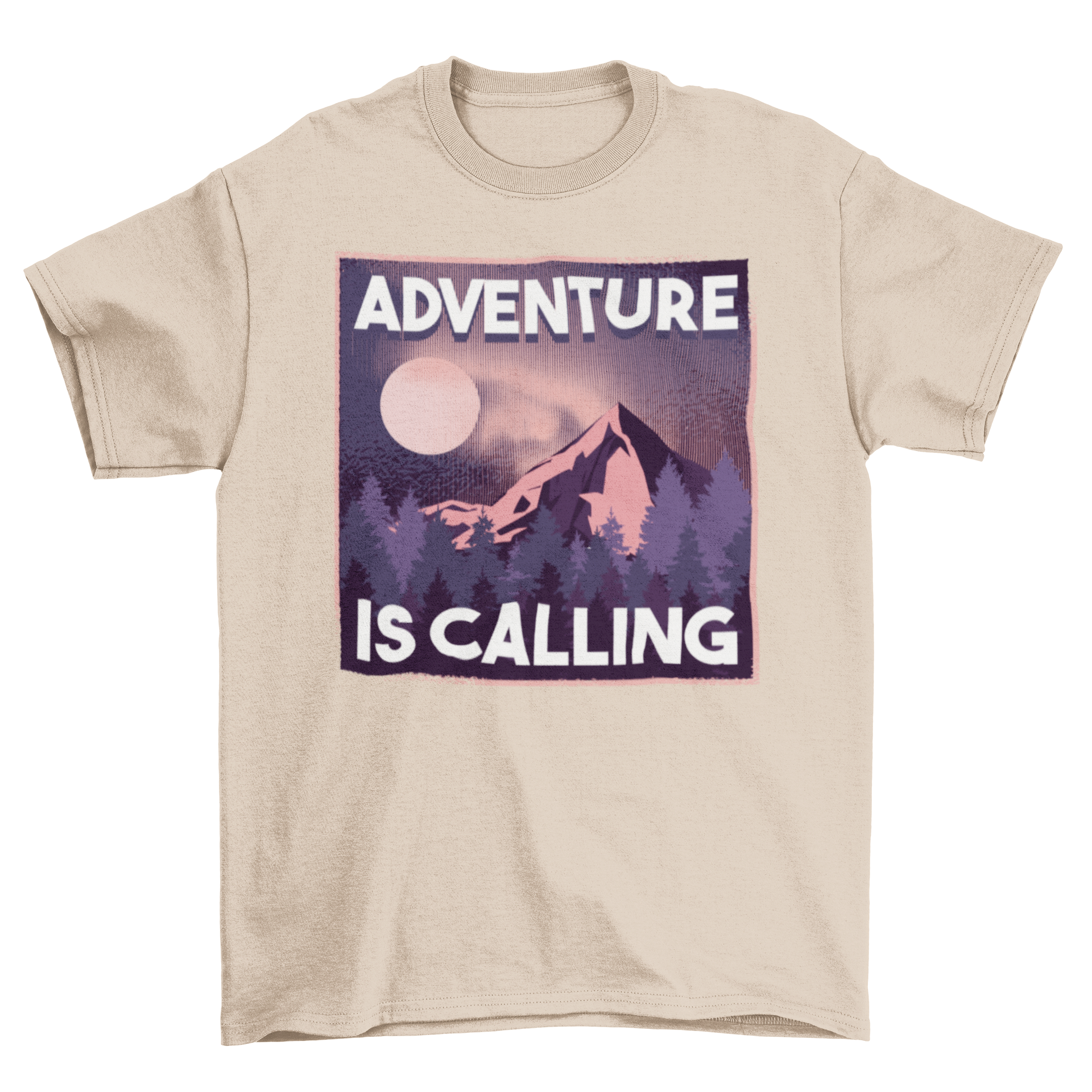 Adventure is Calling t-shirt featuring mountain pine trees and moon illustration with a motivational quote.