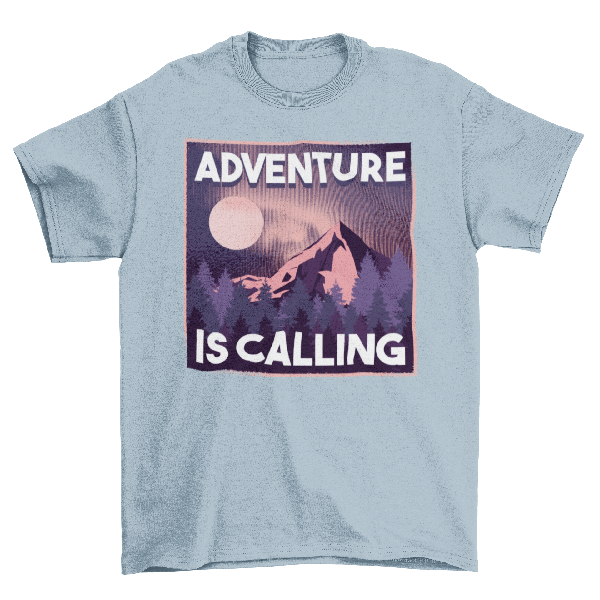 Adventure is Calling t-shirt featuring mountain pine trees and moon illustration with a motivational quote.