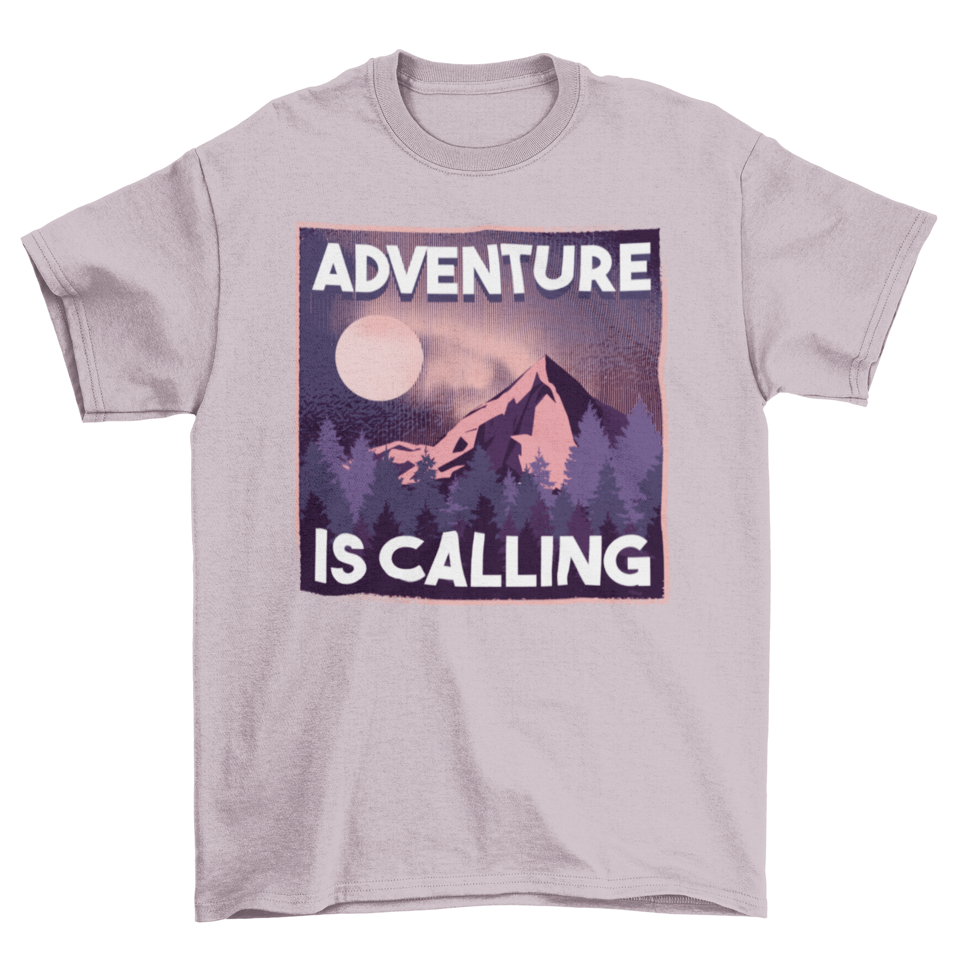 Adventure is Calling t-shirt featuring mountain pine trees and moon illustration with a motivational quote.