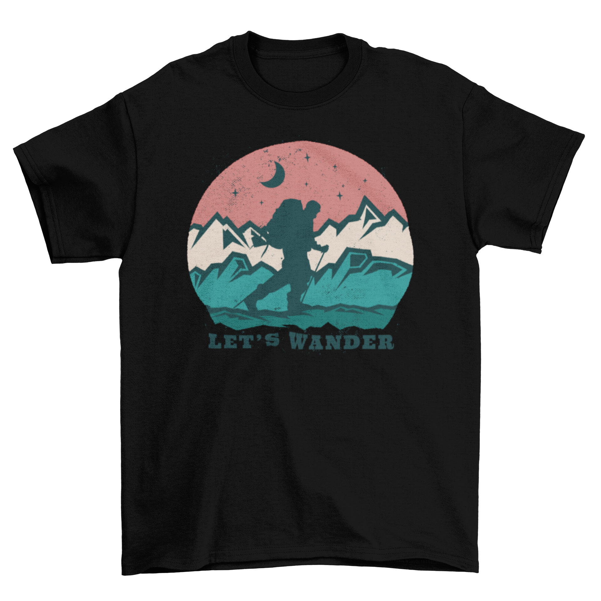 Adventure Wander Mountain T-Shirt featuring a trekking design and the quote 'Let's wander'.