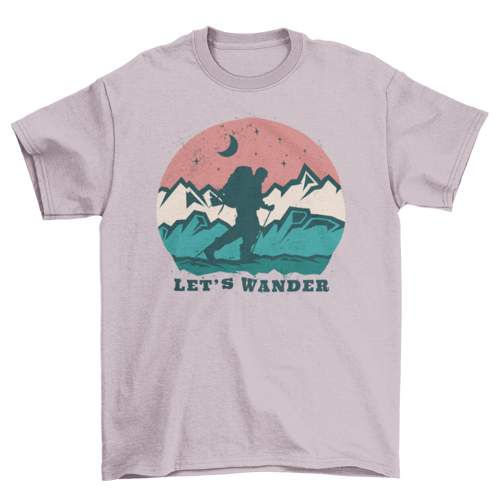 Adventure Wander Mountain T-Shirt featuring a trekking design and the quote 'Let's wander'.